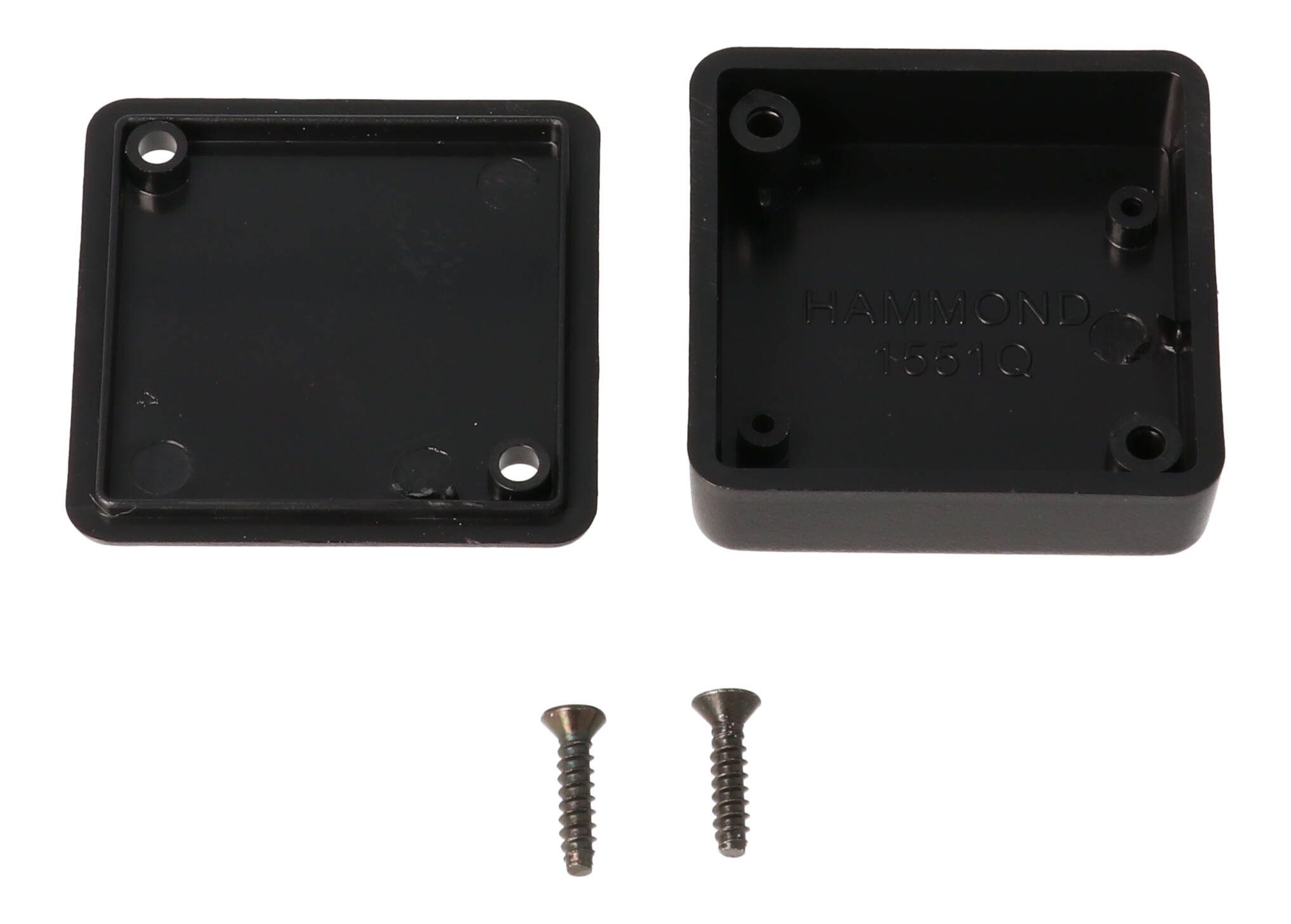 1551QBK black ABS plastic miniature enclosure, 40 x 40 x 15 mm, shown with lid and cover screws