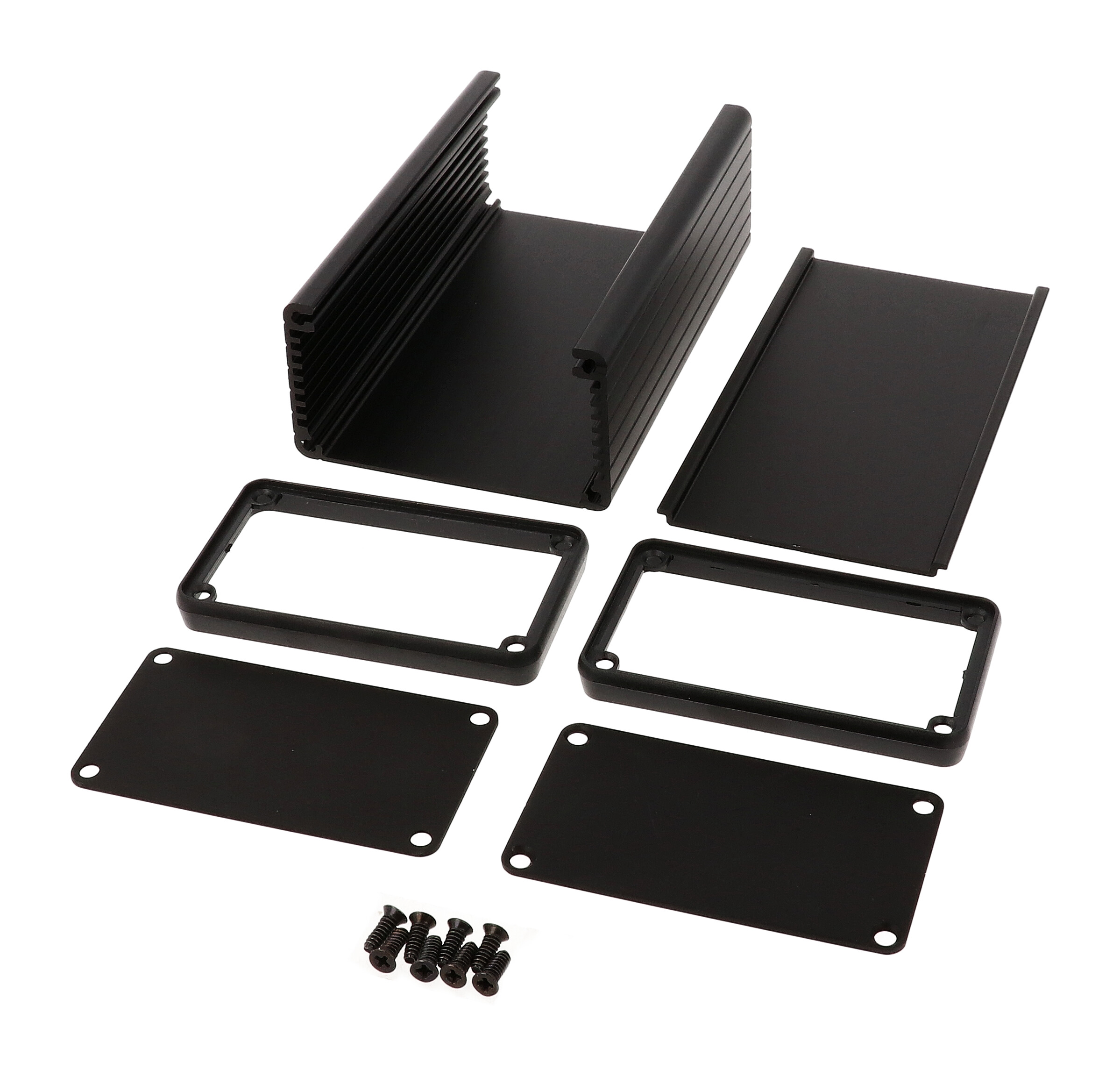 1455K1201BK black anodized extruded aluminum enclosure, 120 x 78 x 43 mm, with metal end panels