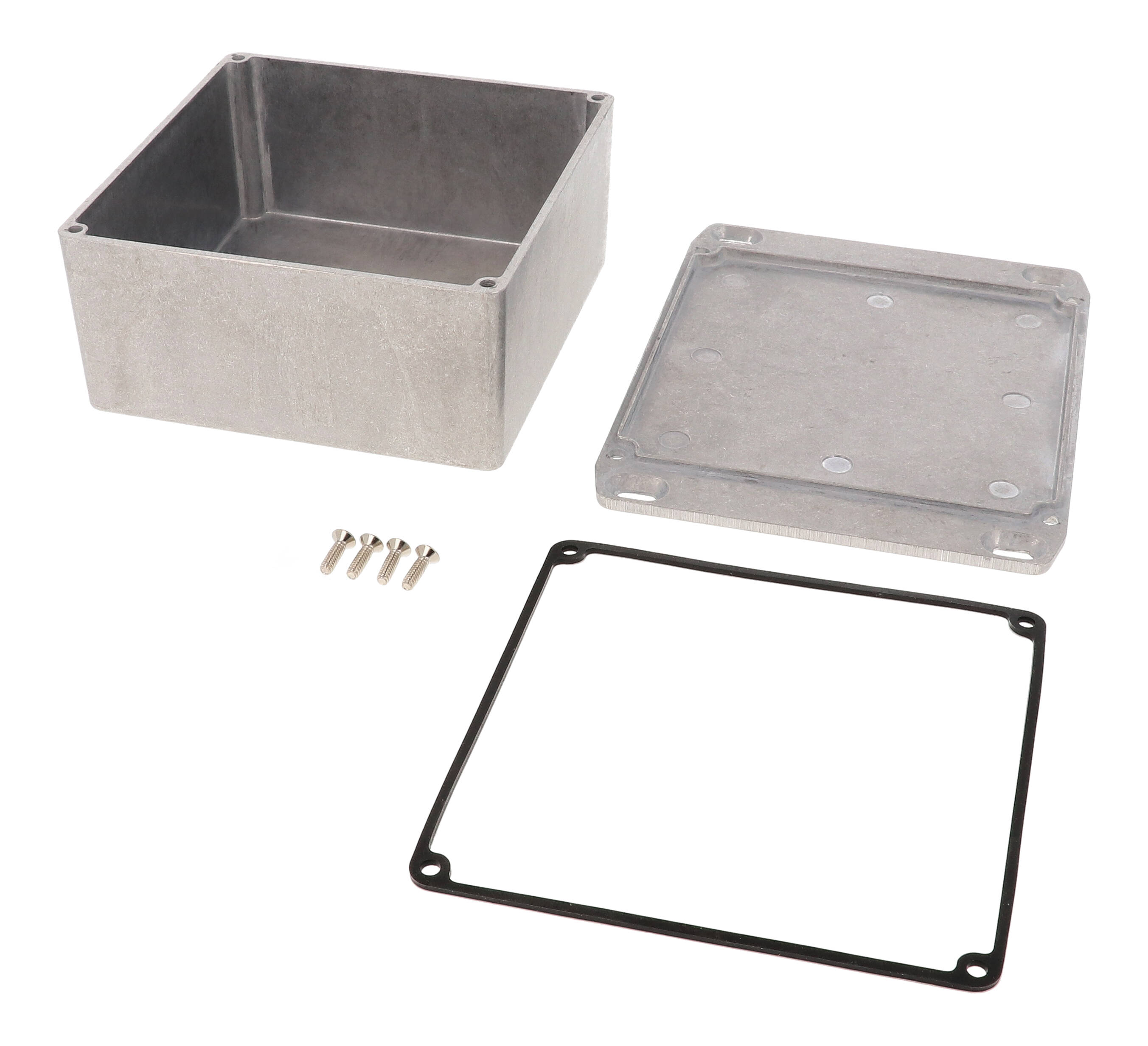 1590WUFL natural aluminum watertight diecast aluminum enclosure with flanged mounting lid, 120 mm x 120 mm x 59 mm