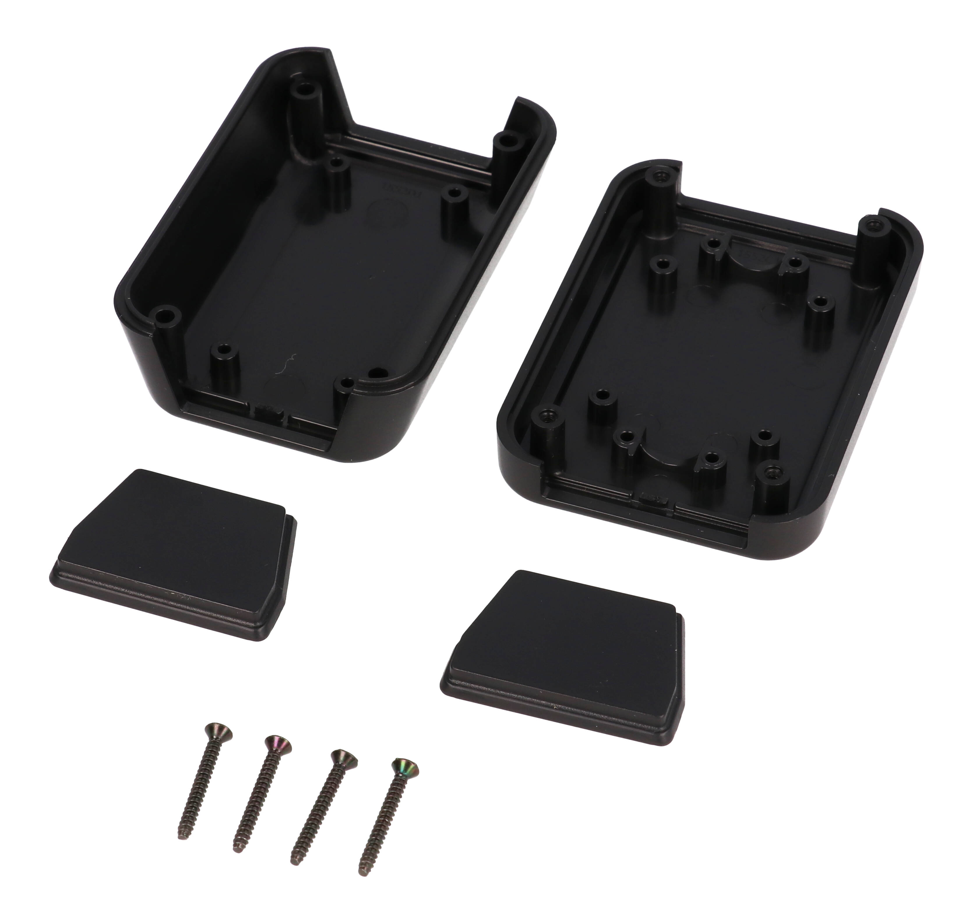 1552D1BK black 70 x 50 x 30 mm hand-held ABS plastic enclosure with recessed top and removable end panels