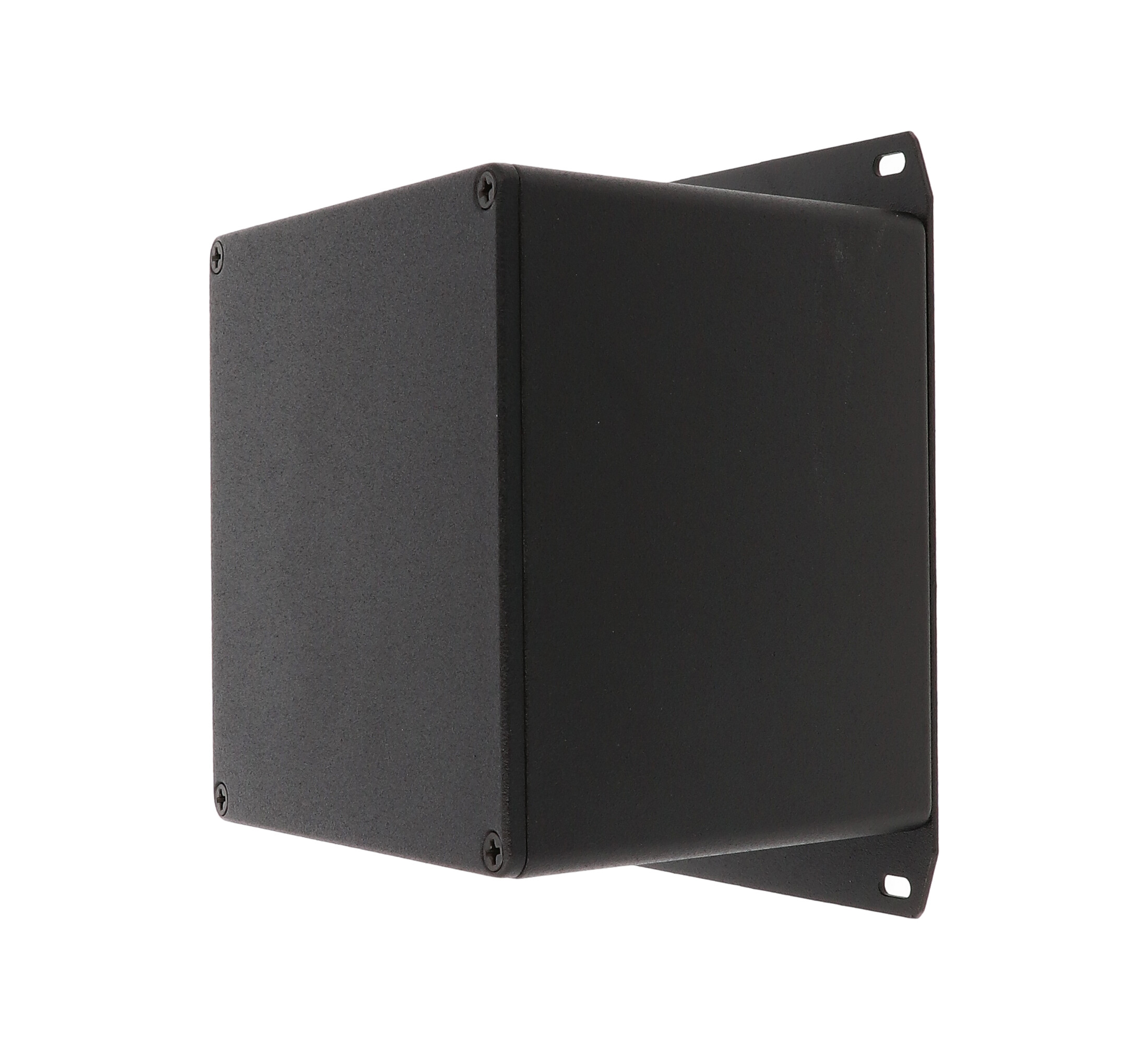 1590VFBK textured black deep diecast aluminum enclosure with flanged bottom plate