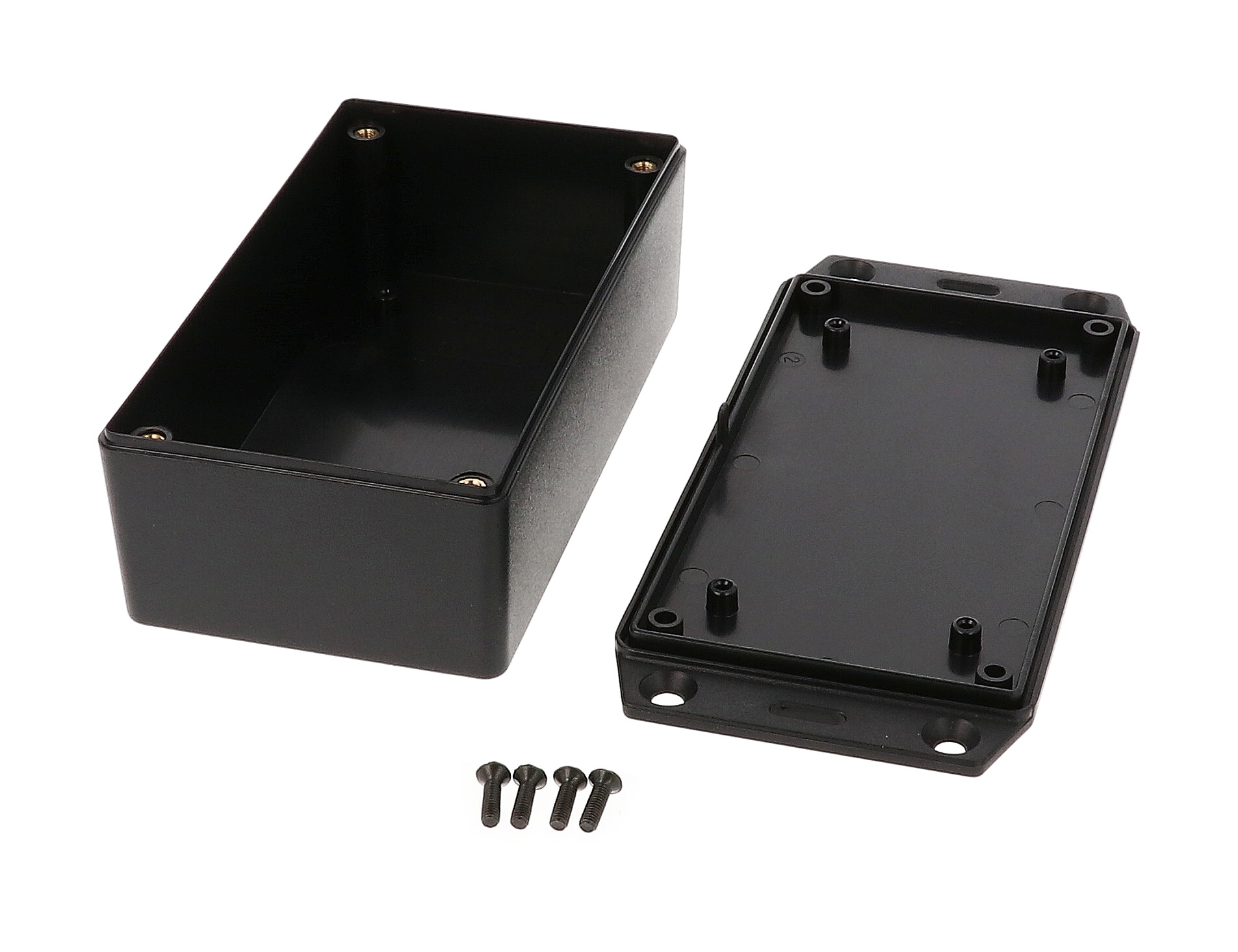 1591XXCFLBK black ABS plastic enclosure with flanged lid, 4.76 in x 2.64 in x 1.57 in