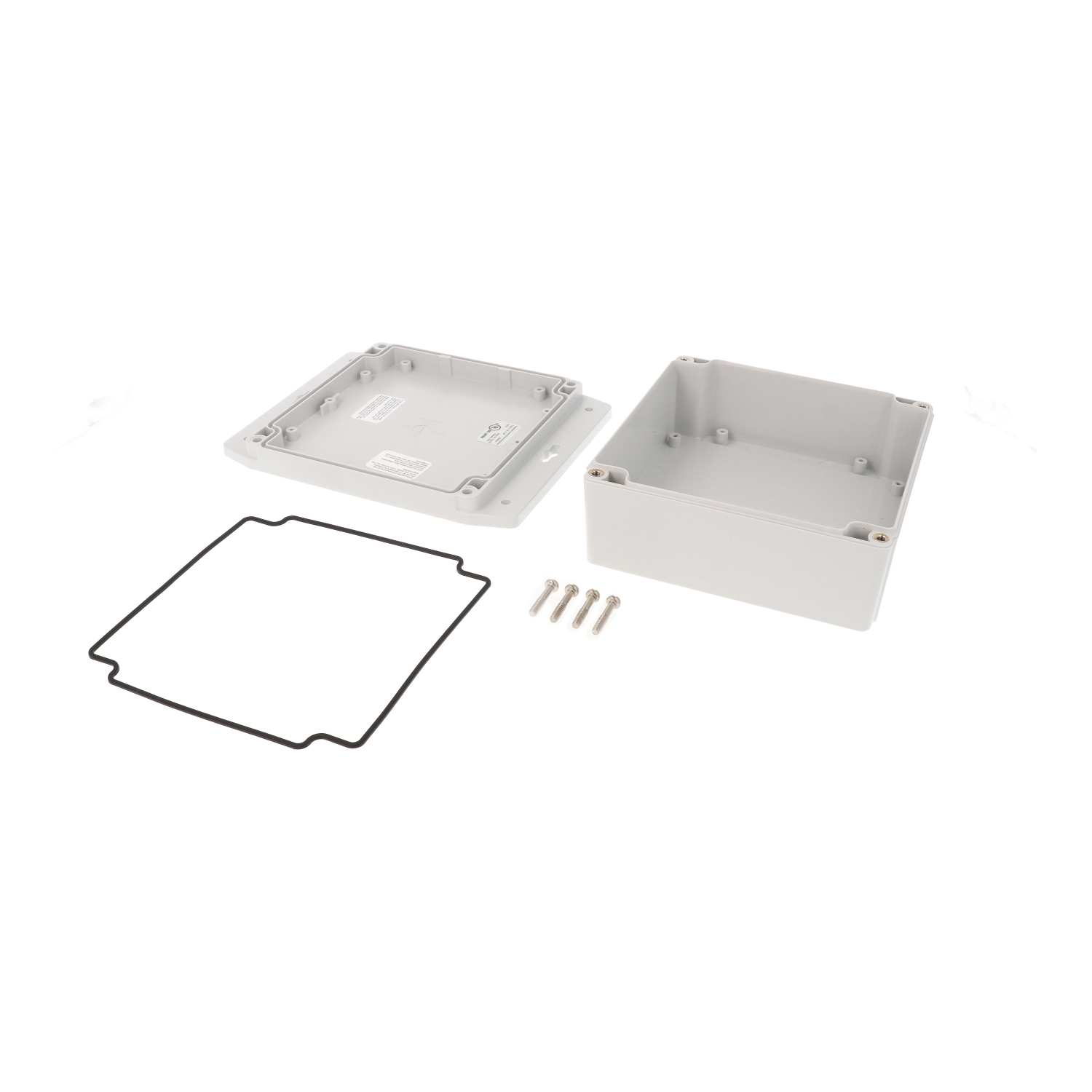 1555Q2F42GY grey polycarbonate watertight enclosure with flanged mounting base, 141 x 140 x 62 mm