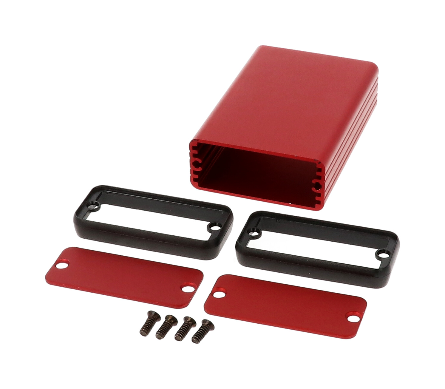 1455C801RD red anodized extruded aluminum PC board enclosure, 80 x 54 x 23 mm, with metal end panels