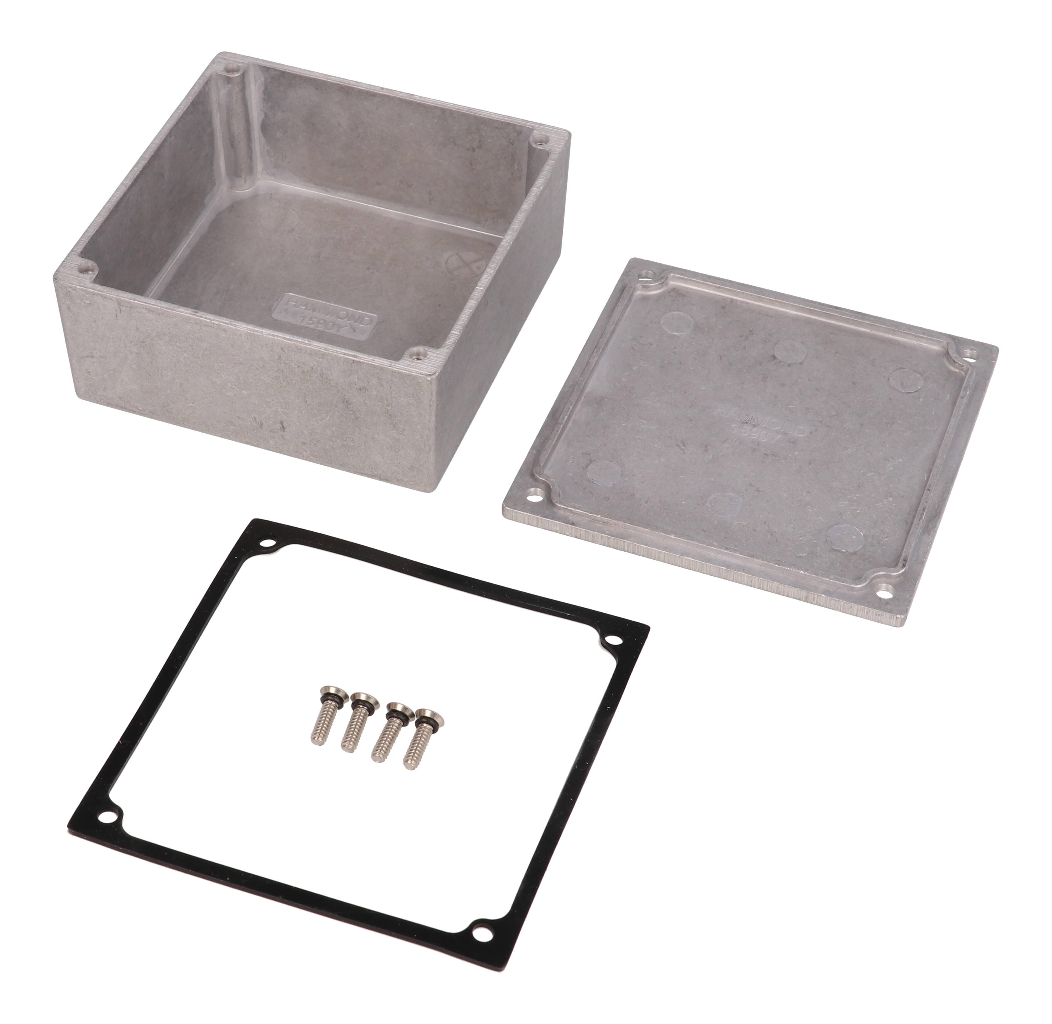 1590WY natural aluminum watertight diecast aluminum enclosure without mounting flanges, 92 mm x 92 mm x 42 mm