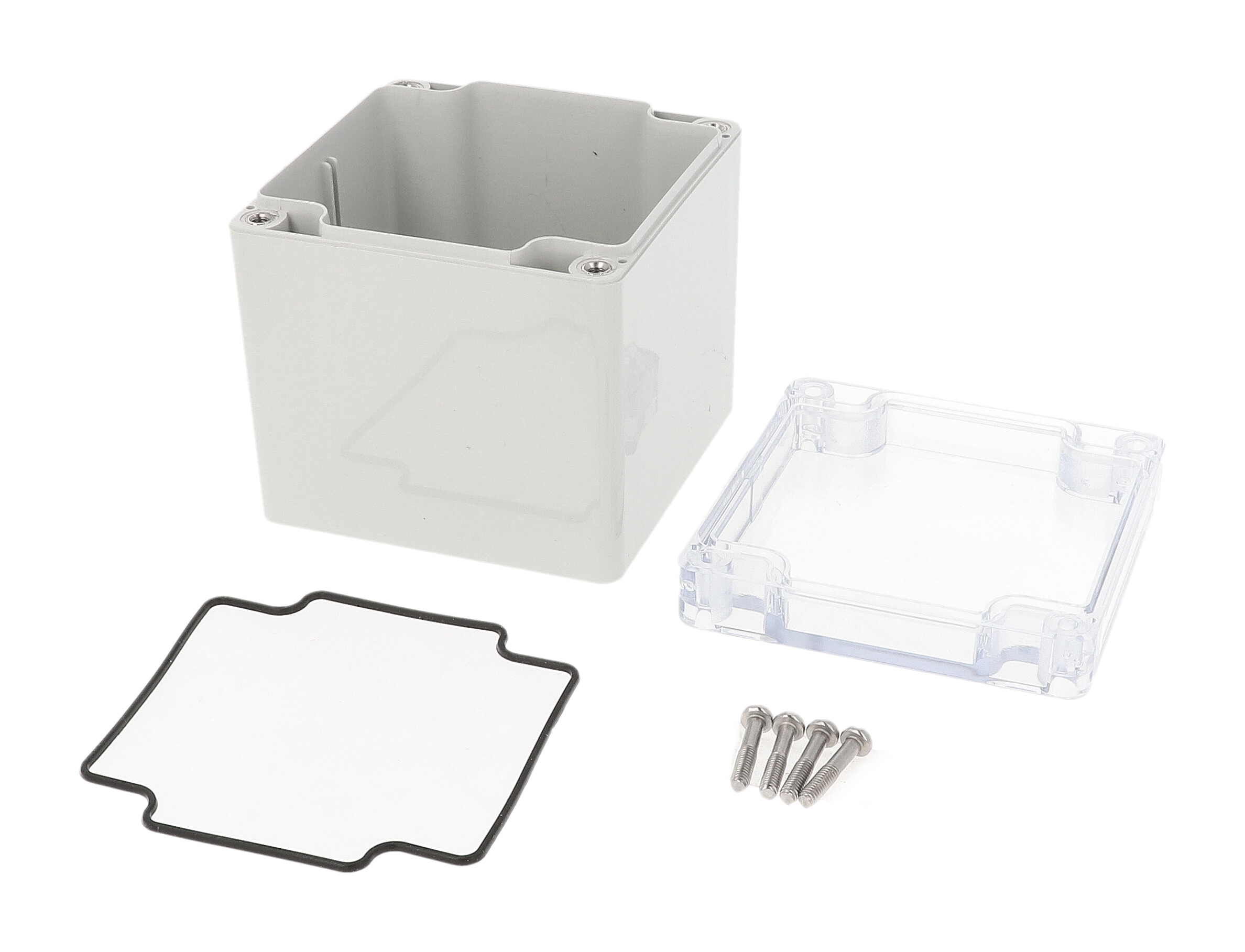 1554EE2GYCL tall square polycarbonate enclosure with clear lid, 90 x 90 x 91 mm