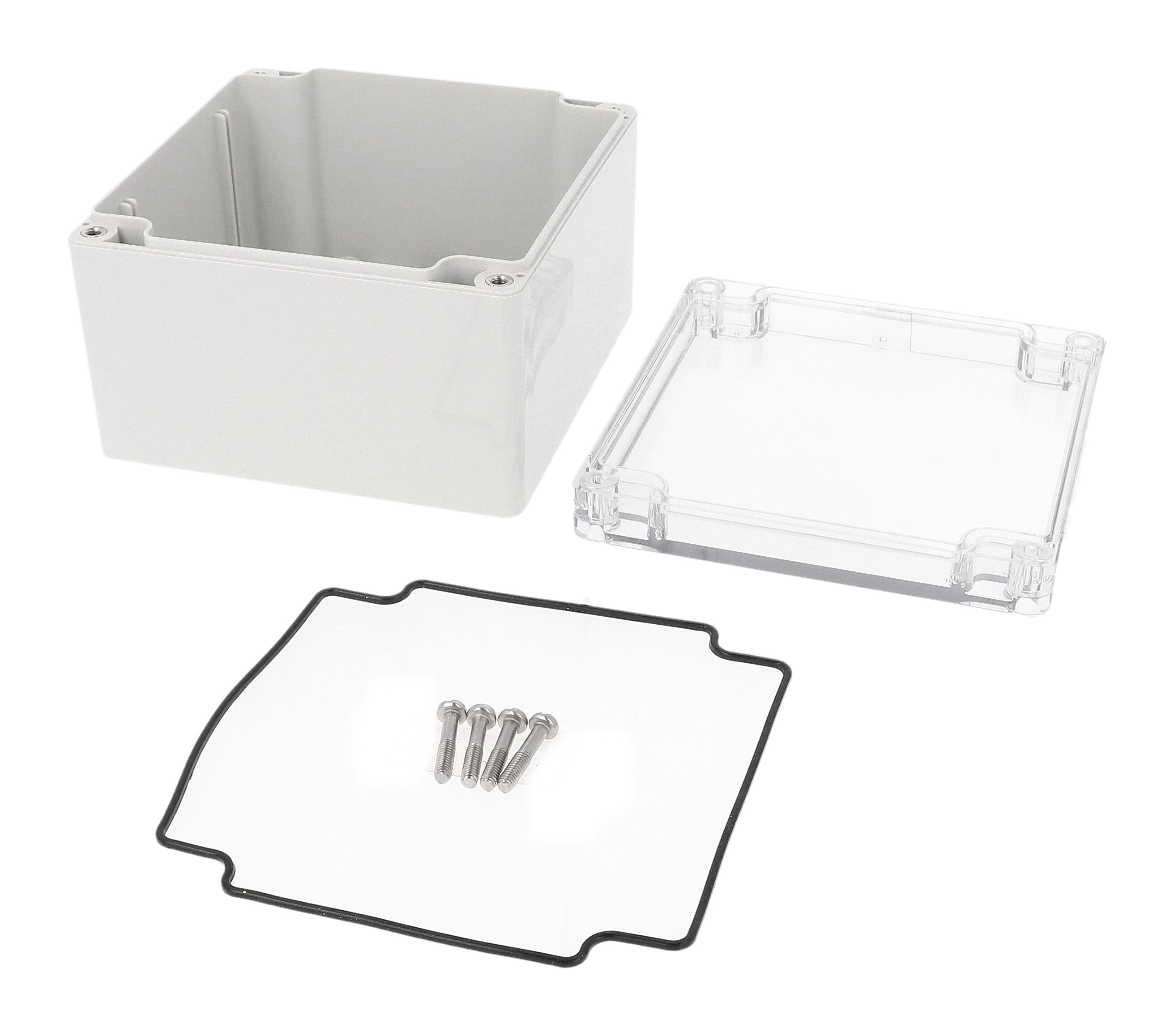 1554P2GYCL gray polycarbonate enclosure with clear lid, 120 x 120 x 80 mm