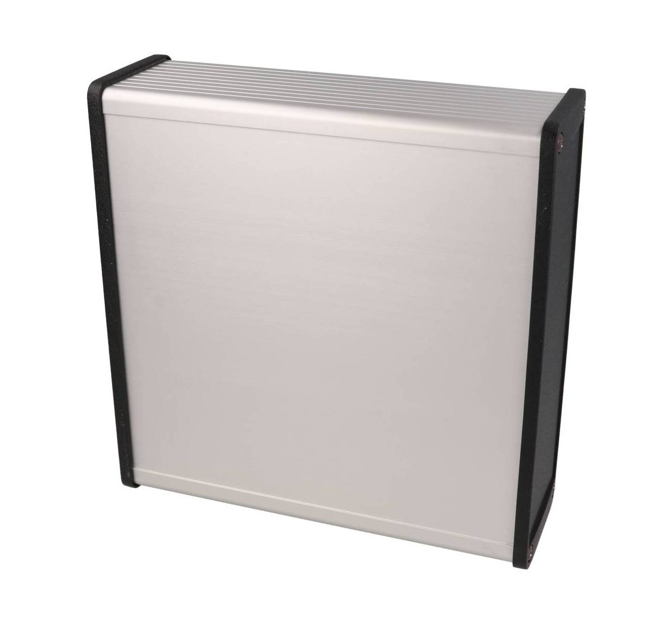 1457T1601E clear anodized EMI/RFI shielded extruded aluminum enclosure with flat black end panels, 160 mm x 165 mm x 55 mm