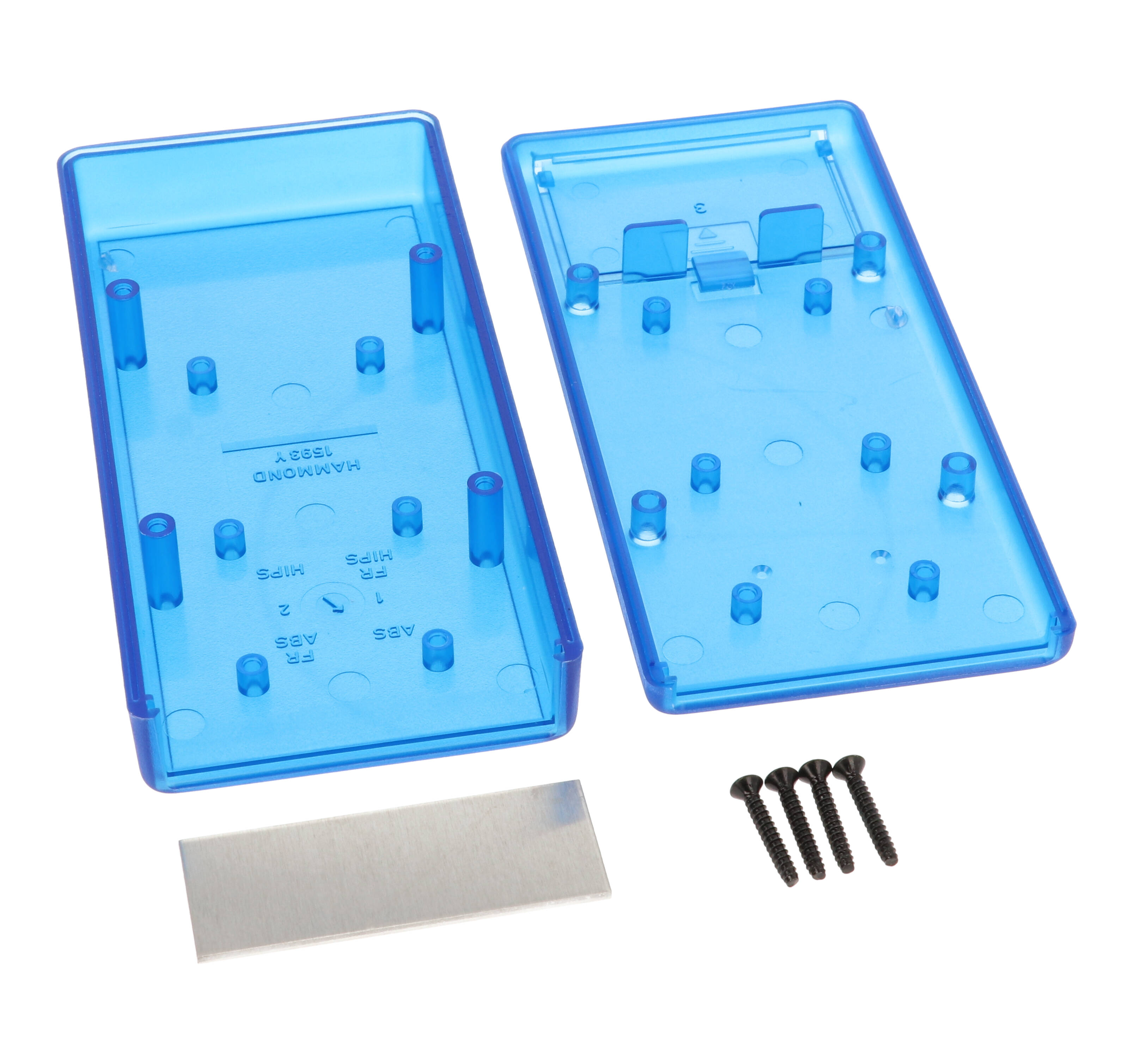 1593YALTBU translucent blue ABS hand held instrument enclosure, 140 x 66 x 28 mm, with aluminum end panel and battery door