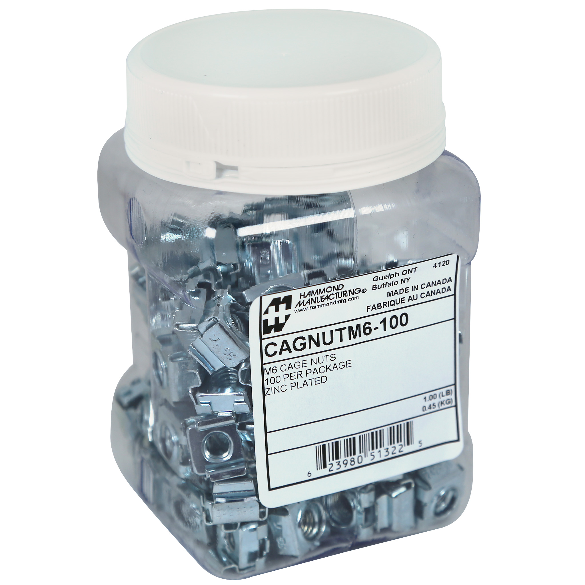 Hammond CAGNUT1224-100 jar of 100 zinc-plated 12-24 spring steel cage nuts for square-hole rack rails