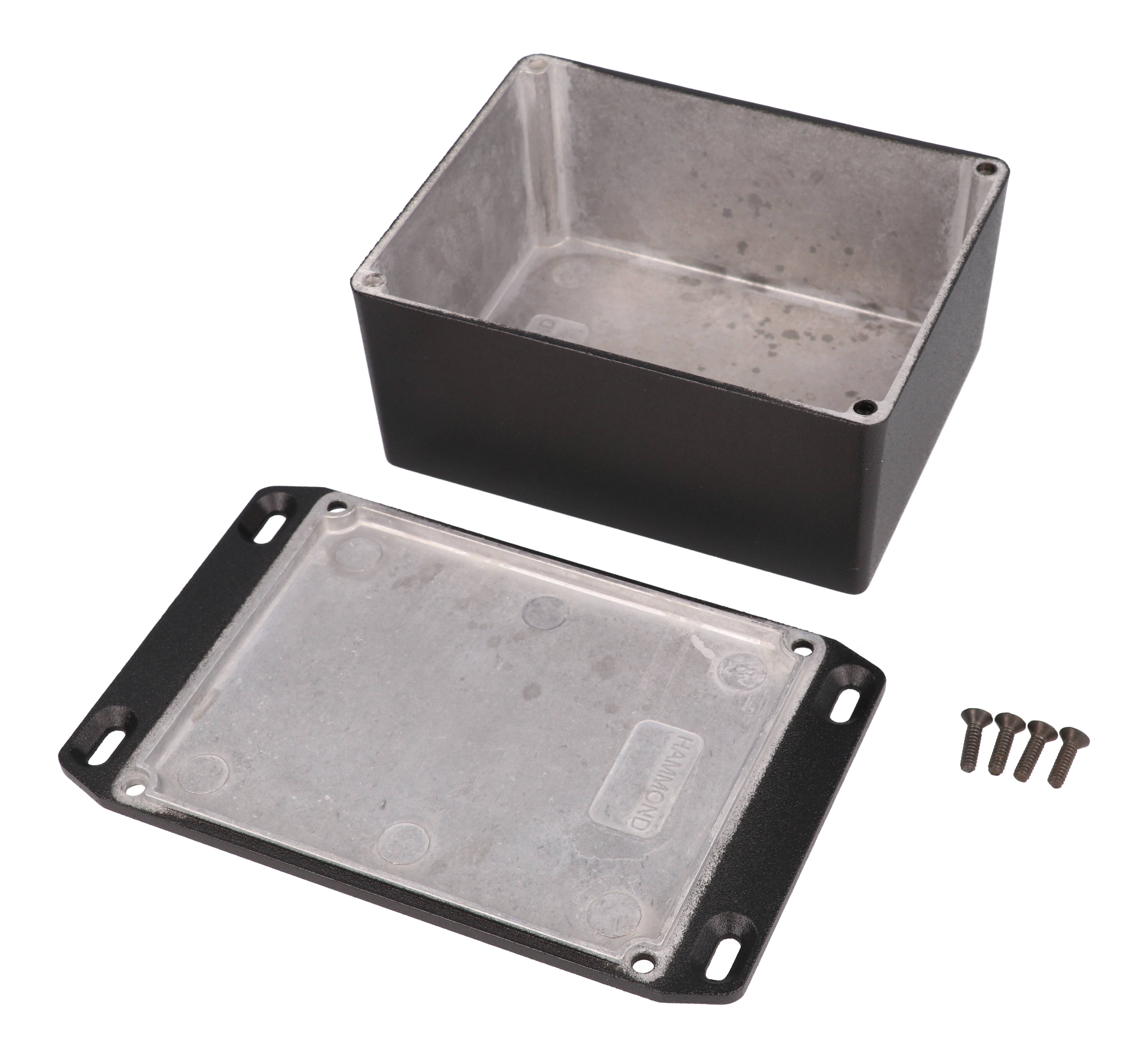 1590CFLBK textured black diecast aluminum enclosure with flanged lid, 119 x 94 x 56 mm