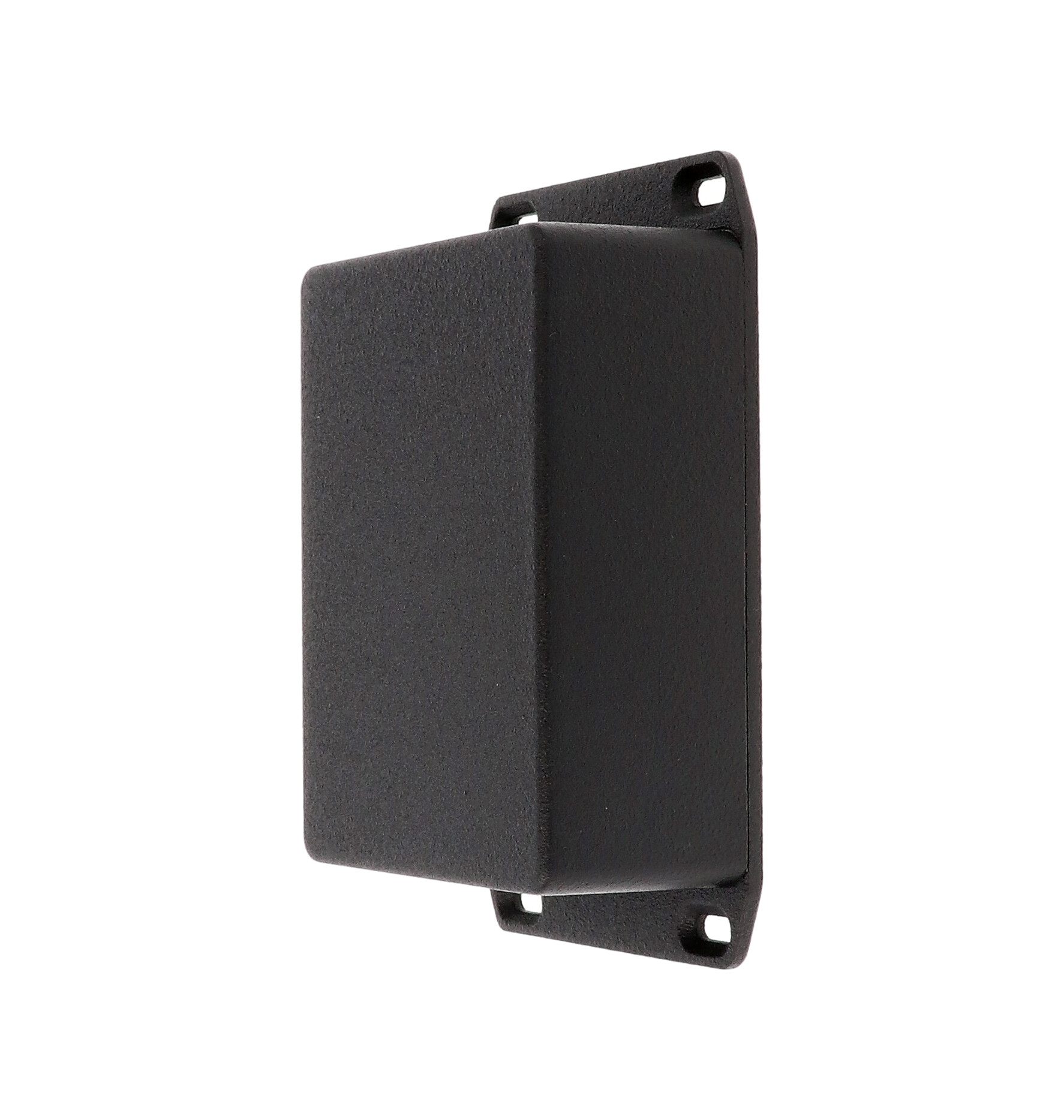 1590SFLBK black diecast aluminum enclosure with wall-mounting flanged lid, 110 x 82 x 44 mm