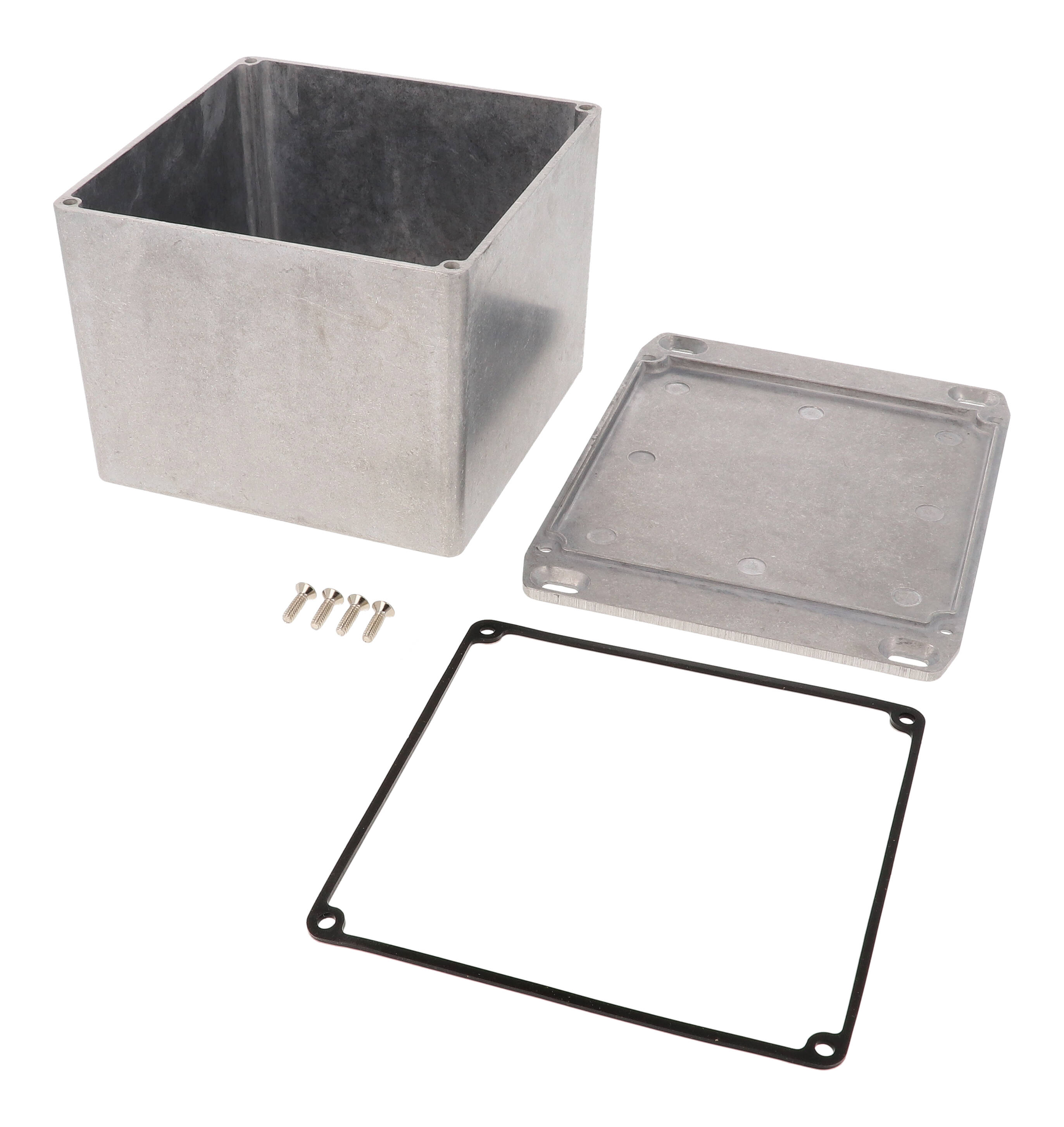 1590WVFL natural aluminum watertight diecast aluminum enclosure with flanged mounting lid, 119 mm x 120 mm x 94 mm