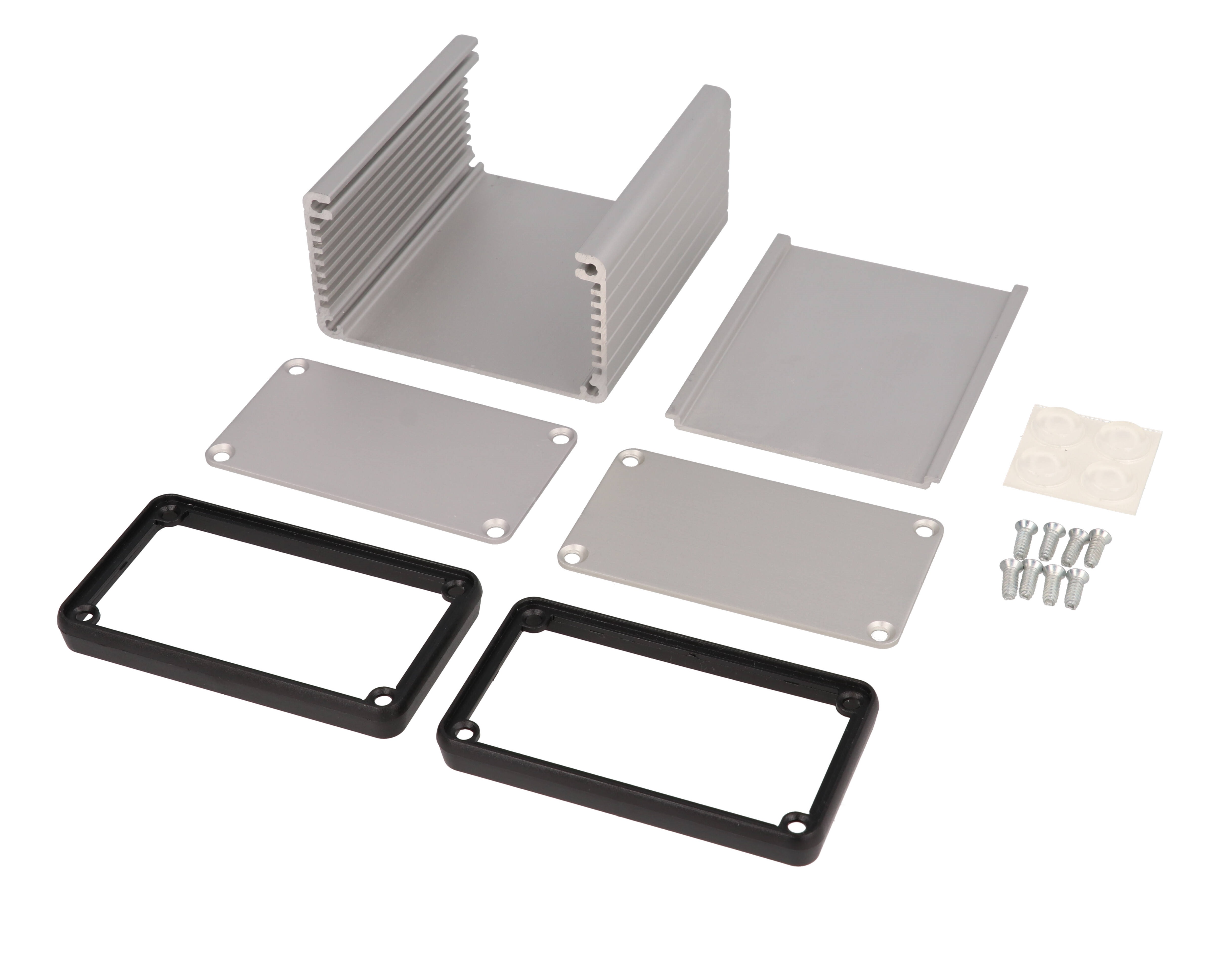 1455K801 clear anodized extruded aluminum enclosure, 80 x 78 x 43 mm, with metal end panels