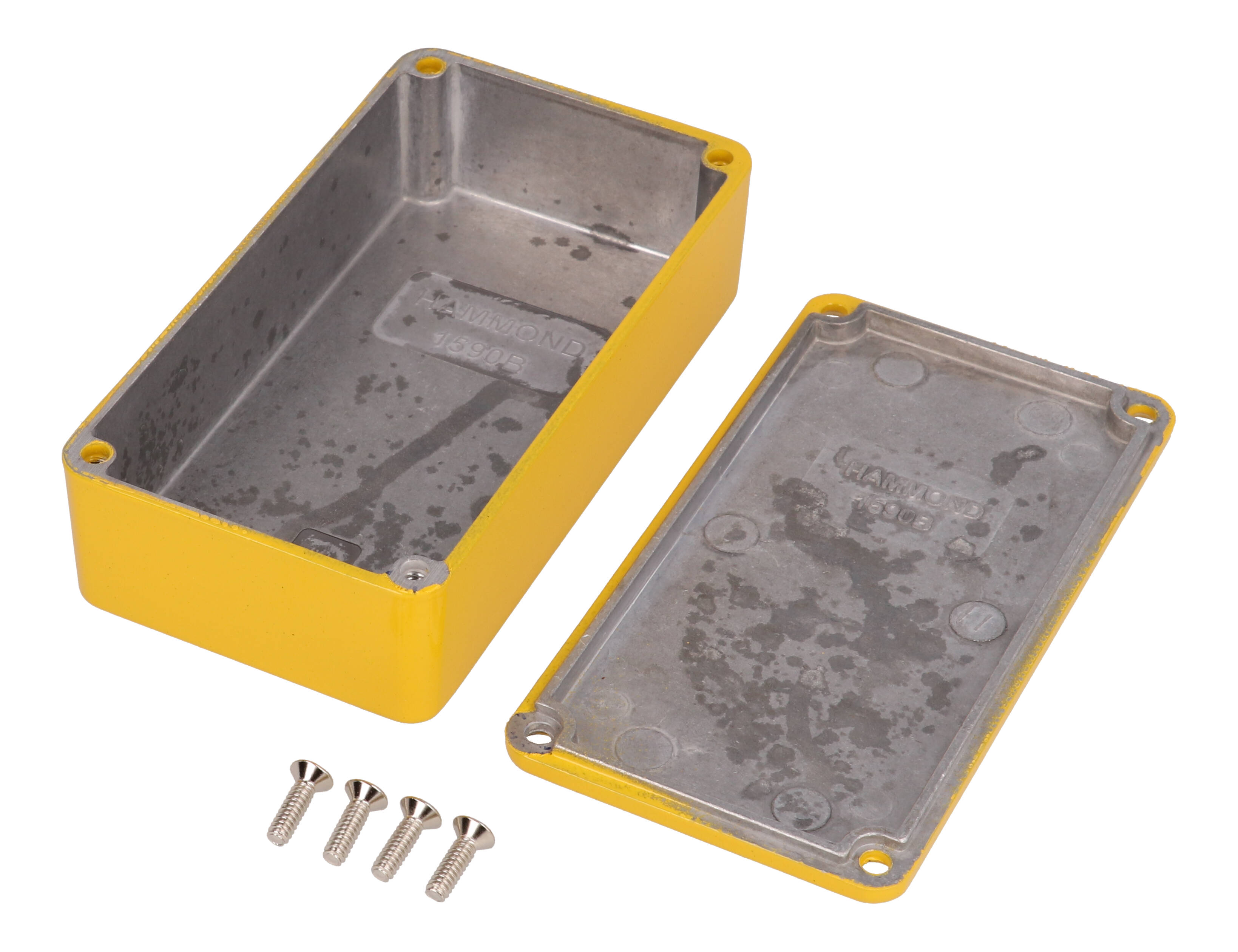 1590BYL yellow painted diecast aluminum rectangular stomp box enclosure with lid and cover screws