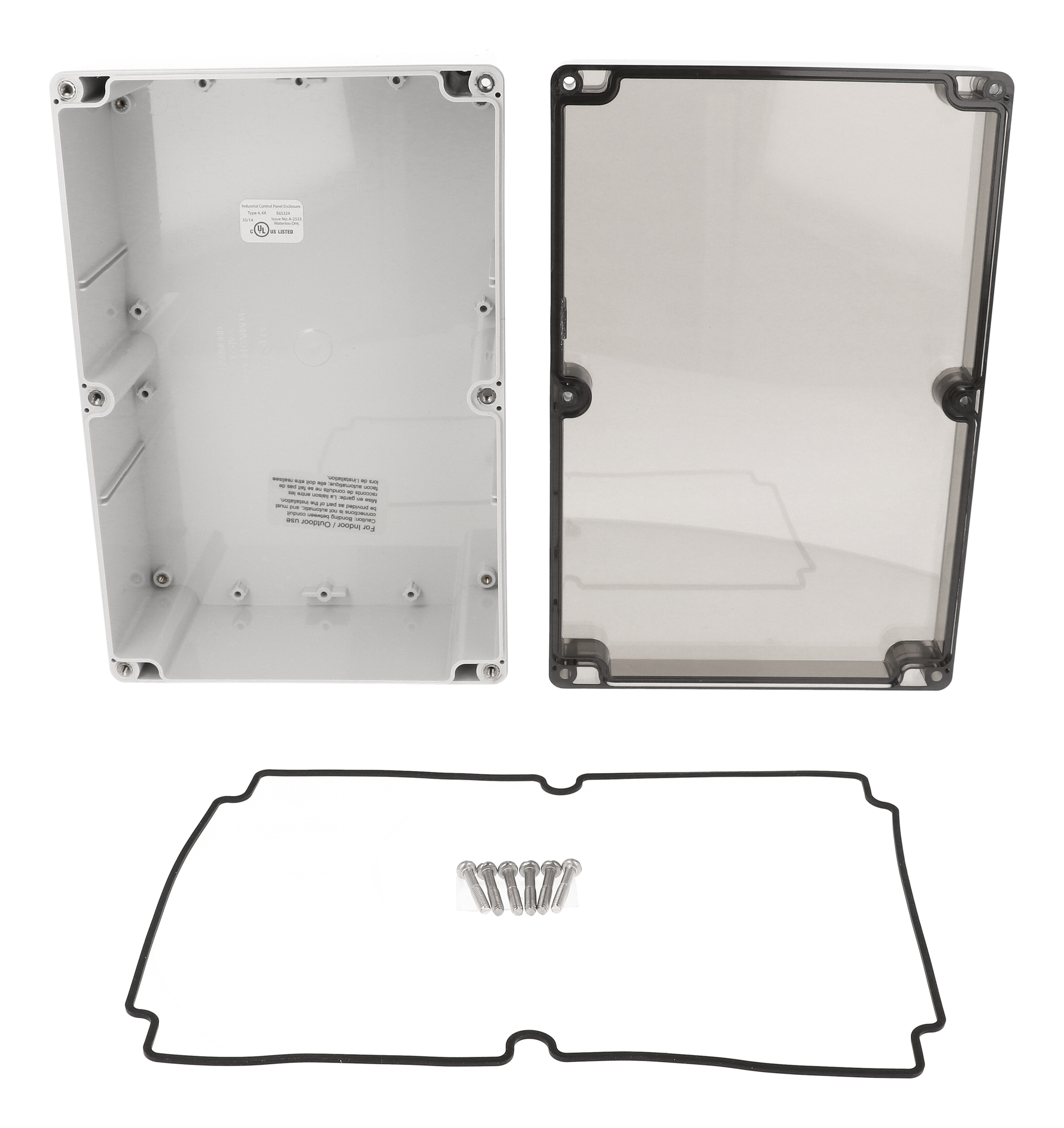 1554VA2GYSL light gray polycarbonate enclosure with smoked lid, 240 x 160 x 90 mm