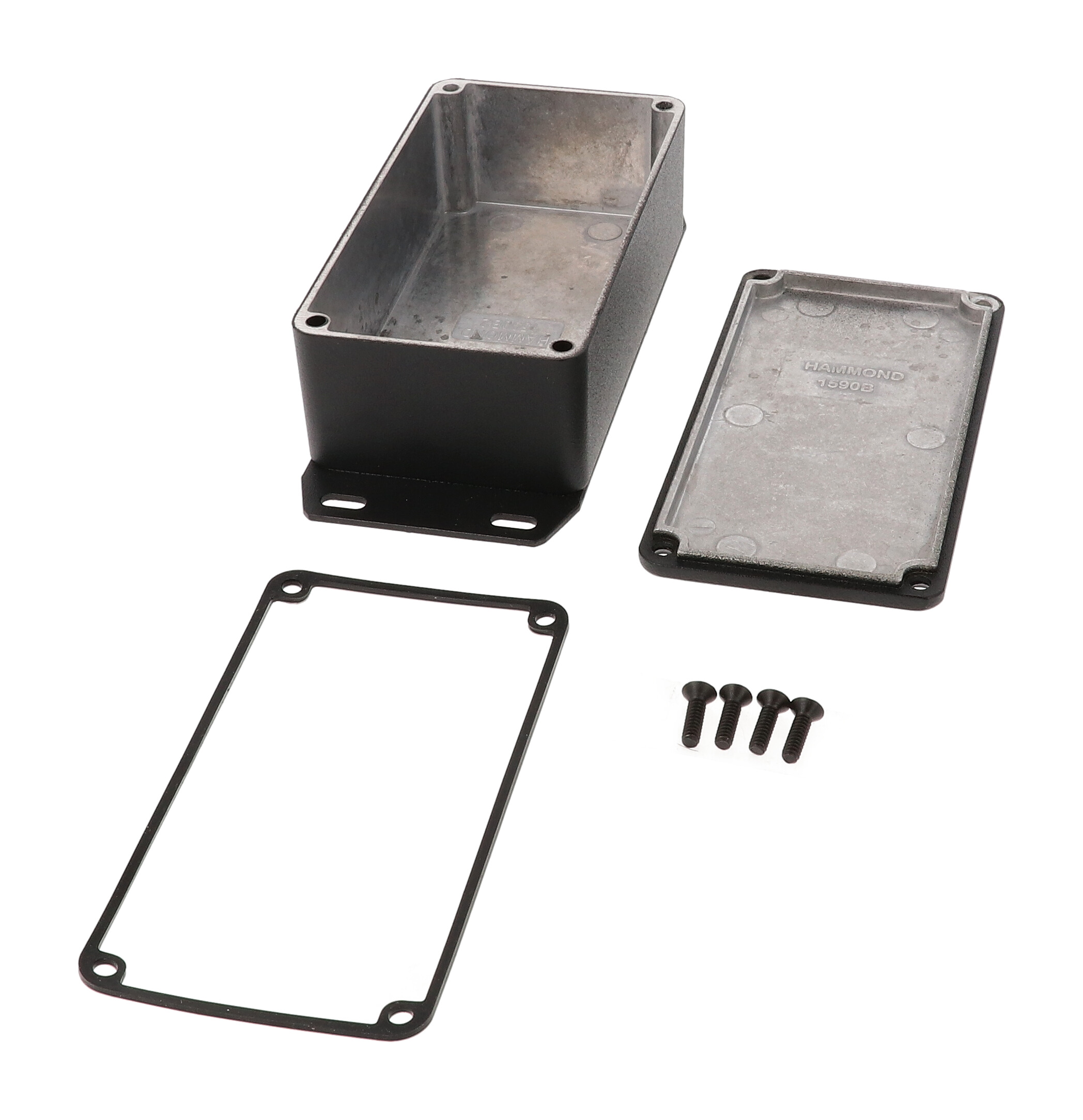 1590WB2FBK black textured IP65 watertight diecast enclosure, 112 x 61 x 38 mm, welded flanged bottom plate