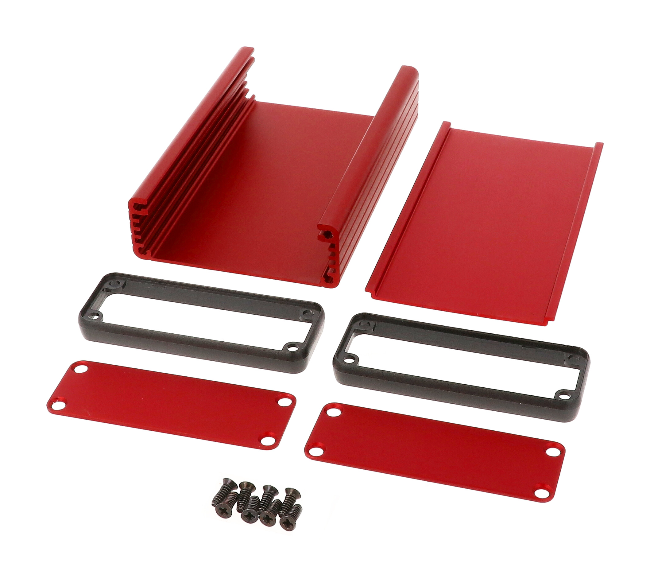 1455J1201RD red anodized extruded aluminum enclosure, 120 x 78 x 27 mm, with aluminum end panels and open bezels
