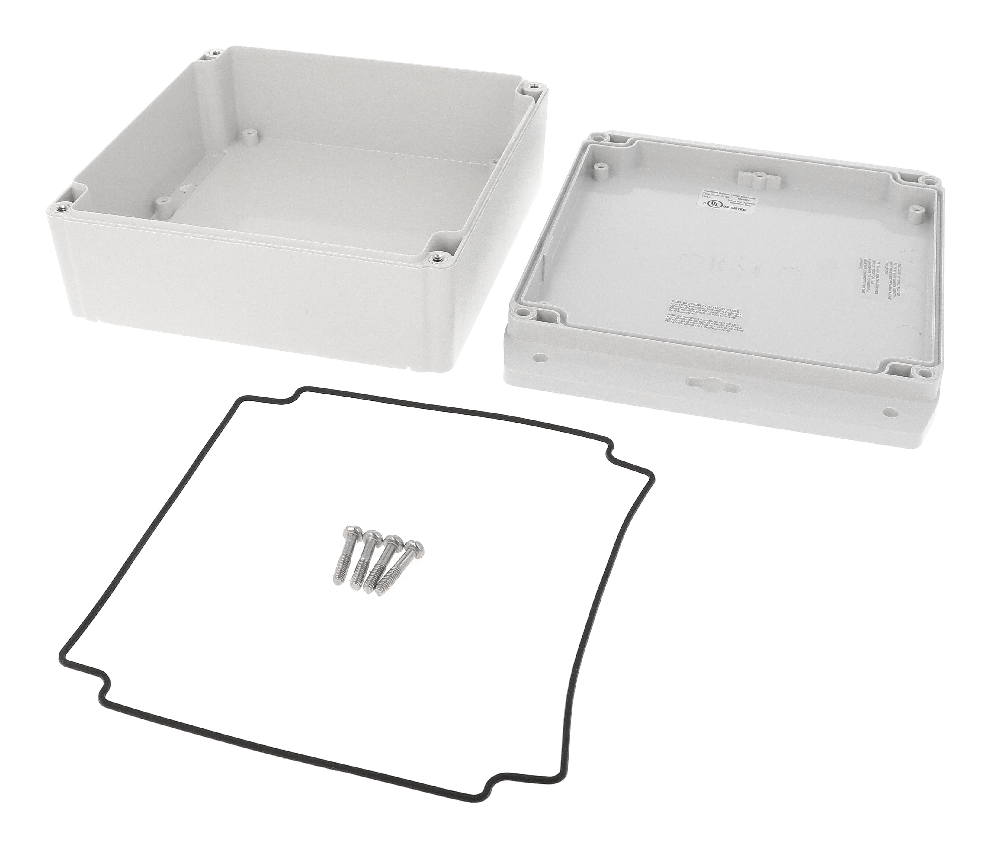 1555R2F42GY deep light gray polycarbonate flanged enclosure, 160 x 160 x 63 mm