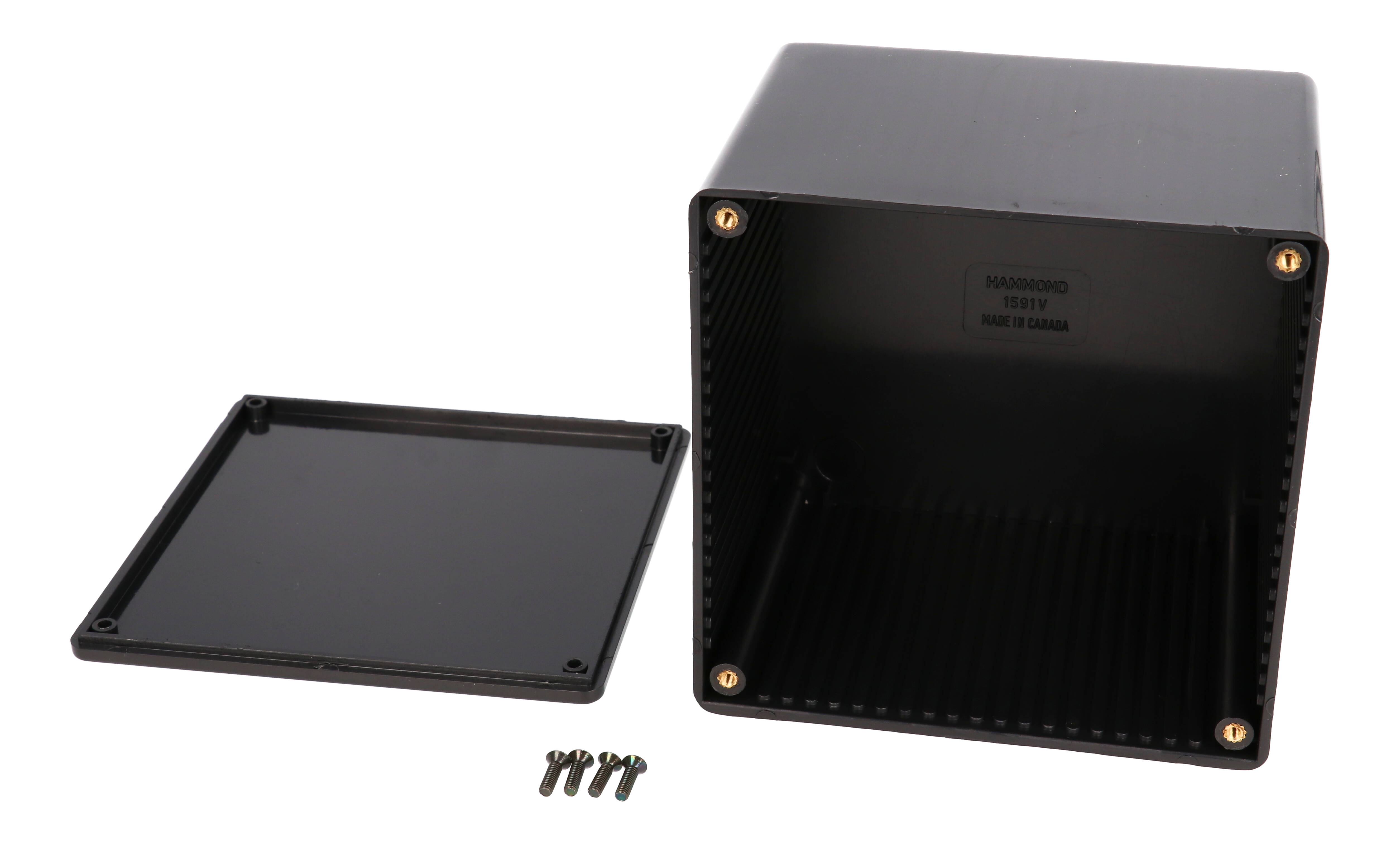 1591VBK black flame retardant ABS plastic enclosure 120 x 120 x 94 mm with lid and card guides