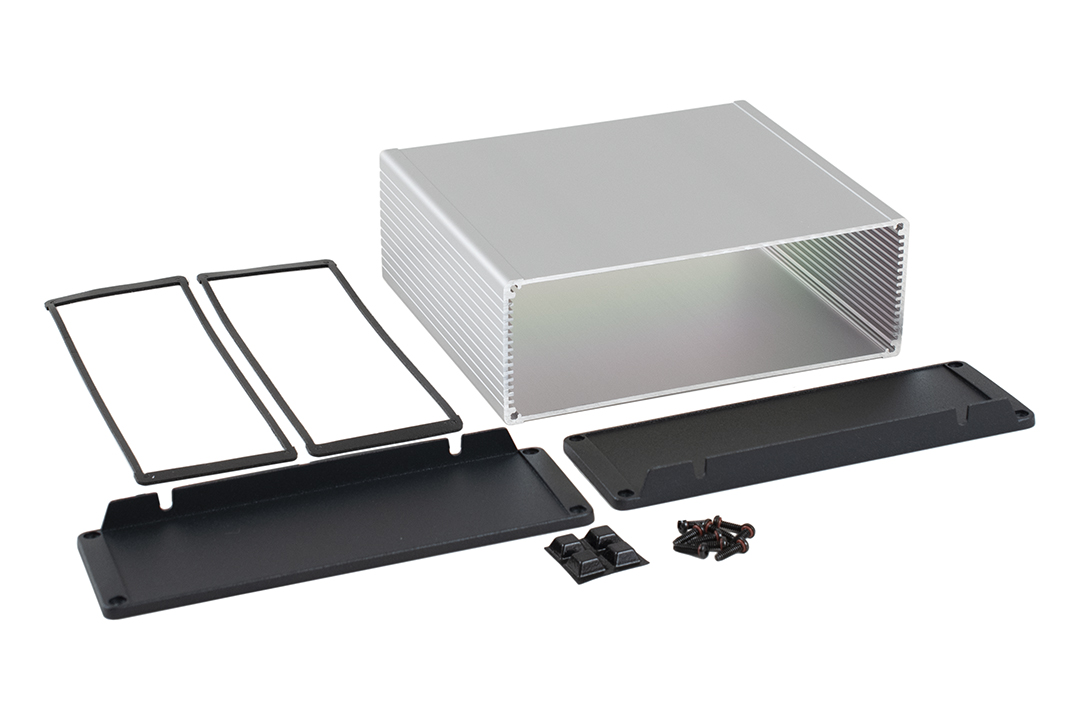 1457U1602 clear anodized extruded aluminum IP65 PC board enclosure with flanged black wall-mount end panels