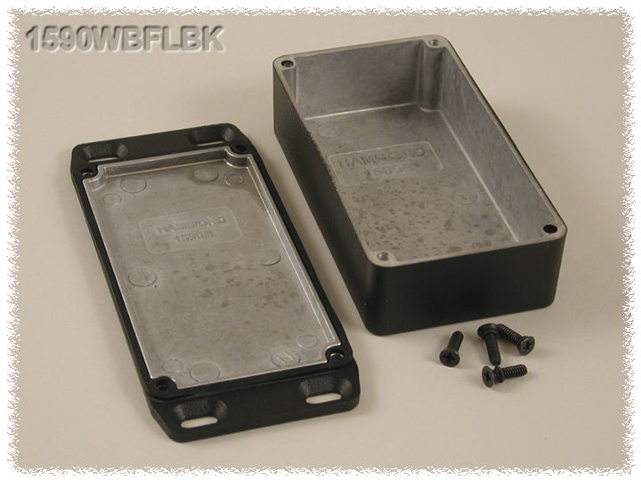1590WBFLBK black textured water-tight diecast aluminum enclosure with flanged mounting lid