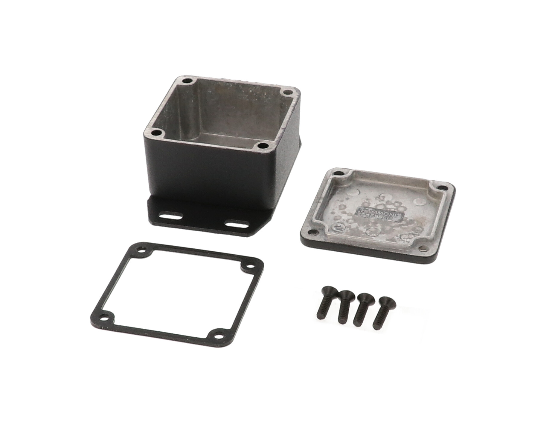 1590WLBFBK black watertight diecast aluminum enclosure with flanged bottom plate