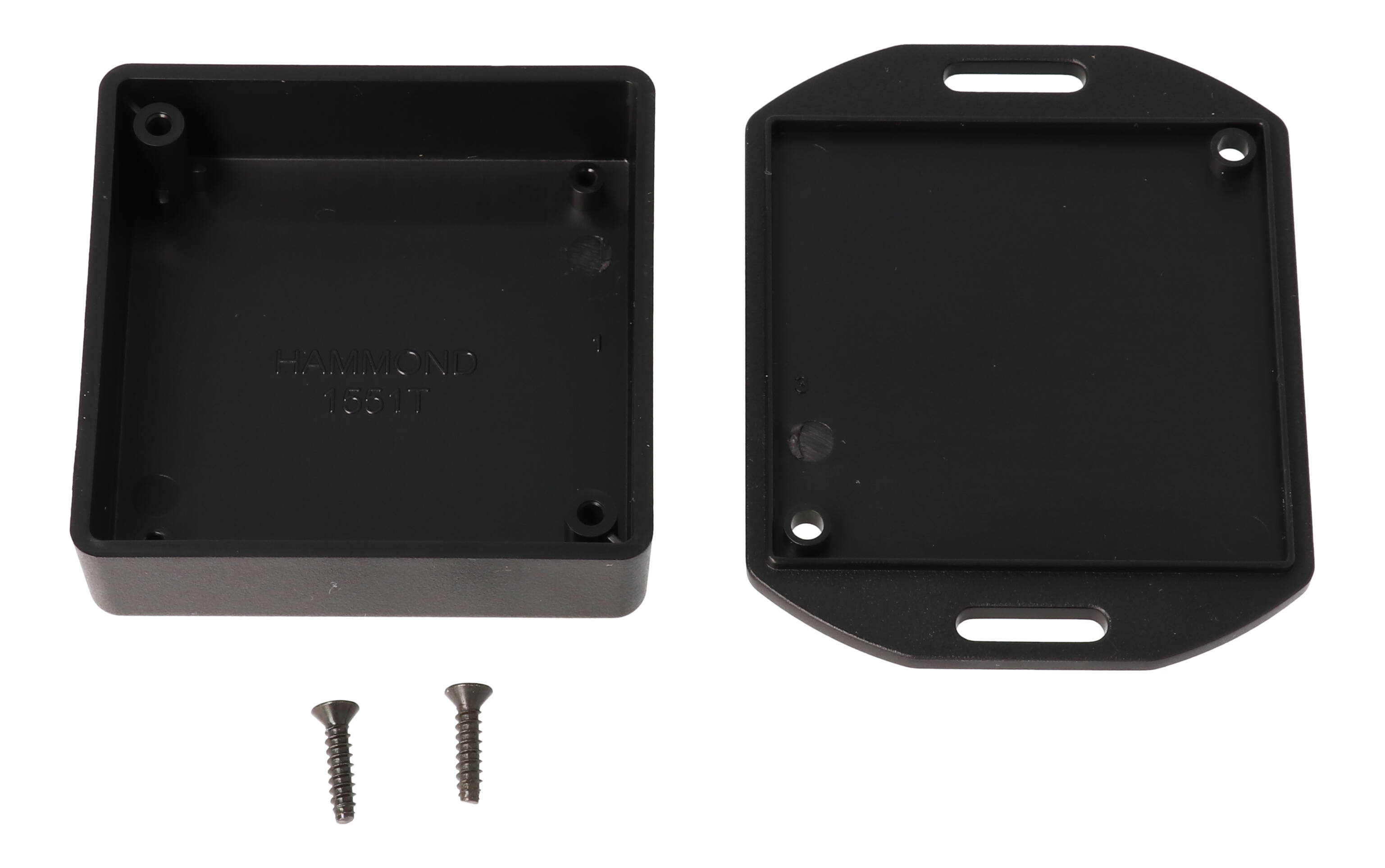 1551TFLBK black ABS miniature enclosure with flanged mounting lid, 60 x 60 x 20 mm