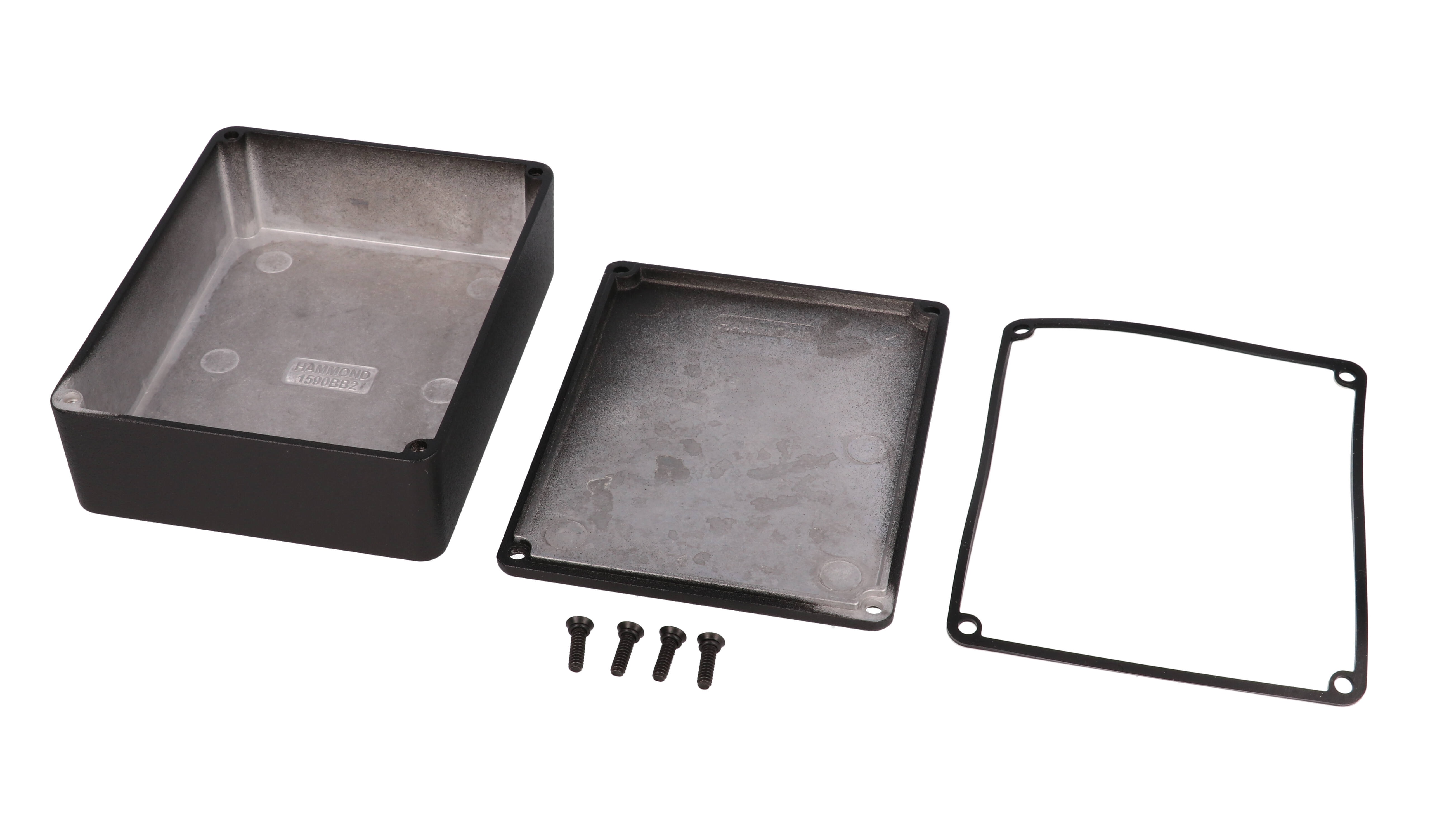 1590WBB2BK black textured IP65 watertight diecast enclosure, 120 x 94 x 38 mm, no mounting flanges