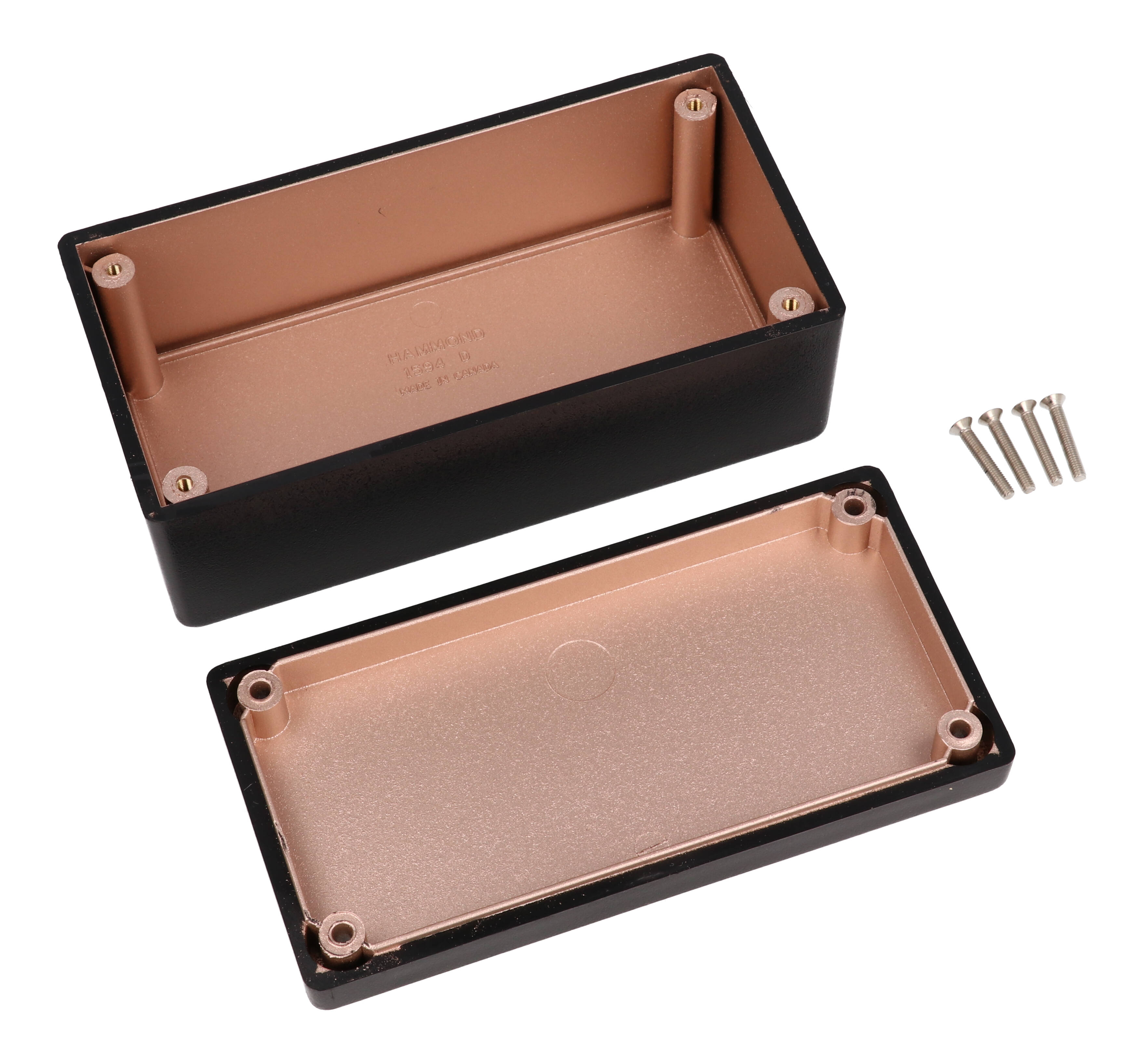 1594RDBK black EMI/RFI shielded ABS enclosure with copper coated interior, 132 x 66 x 43 mm