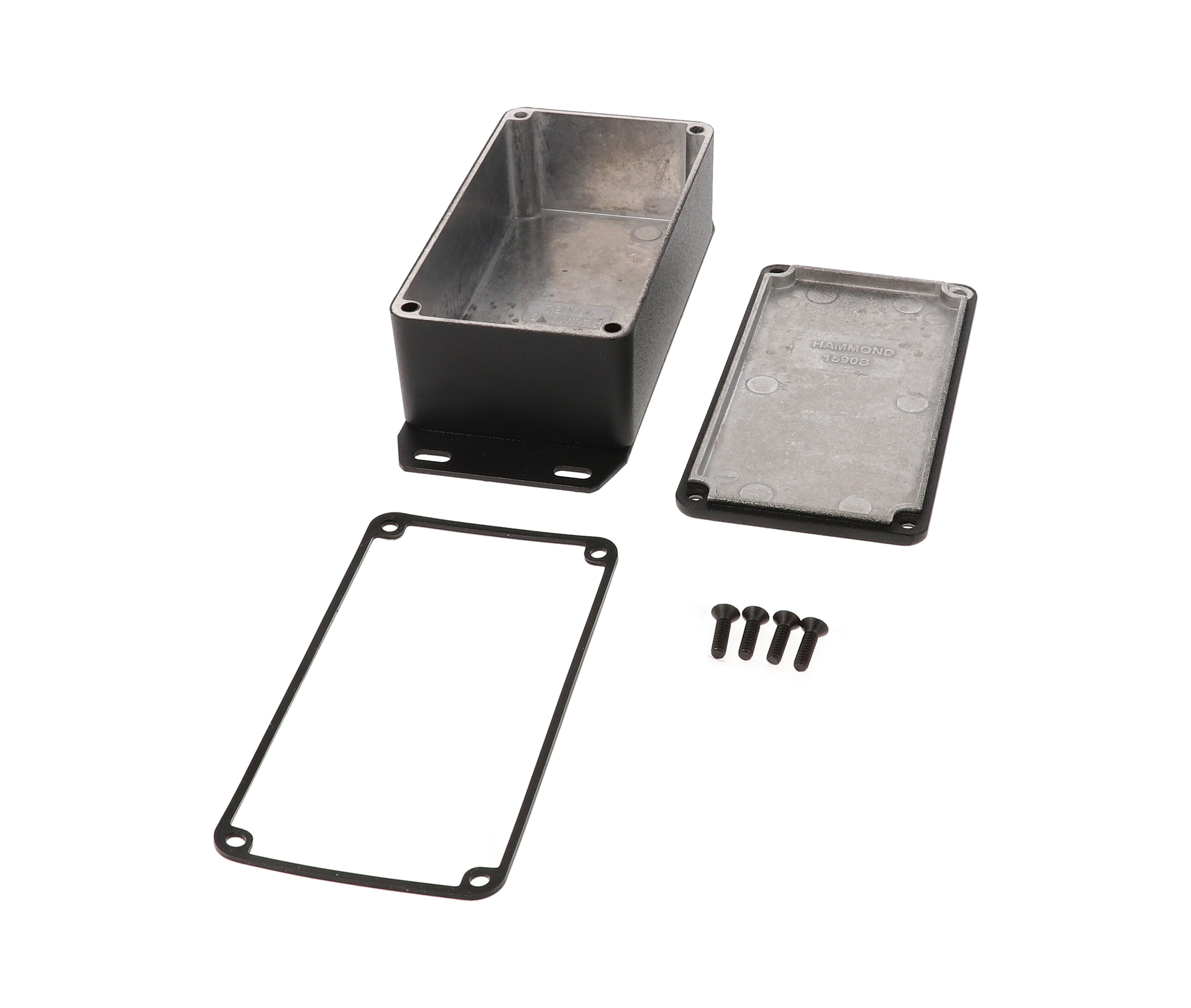 1590WB2FBK black textured IP65 watertight diecast enclosure, 112 x 61 x 38 mm, welded flanged bottom plate