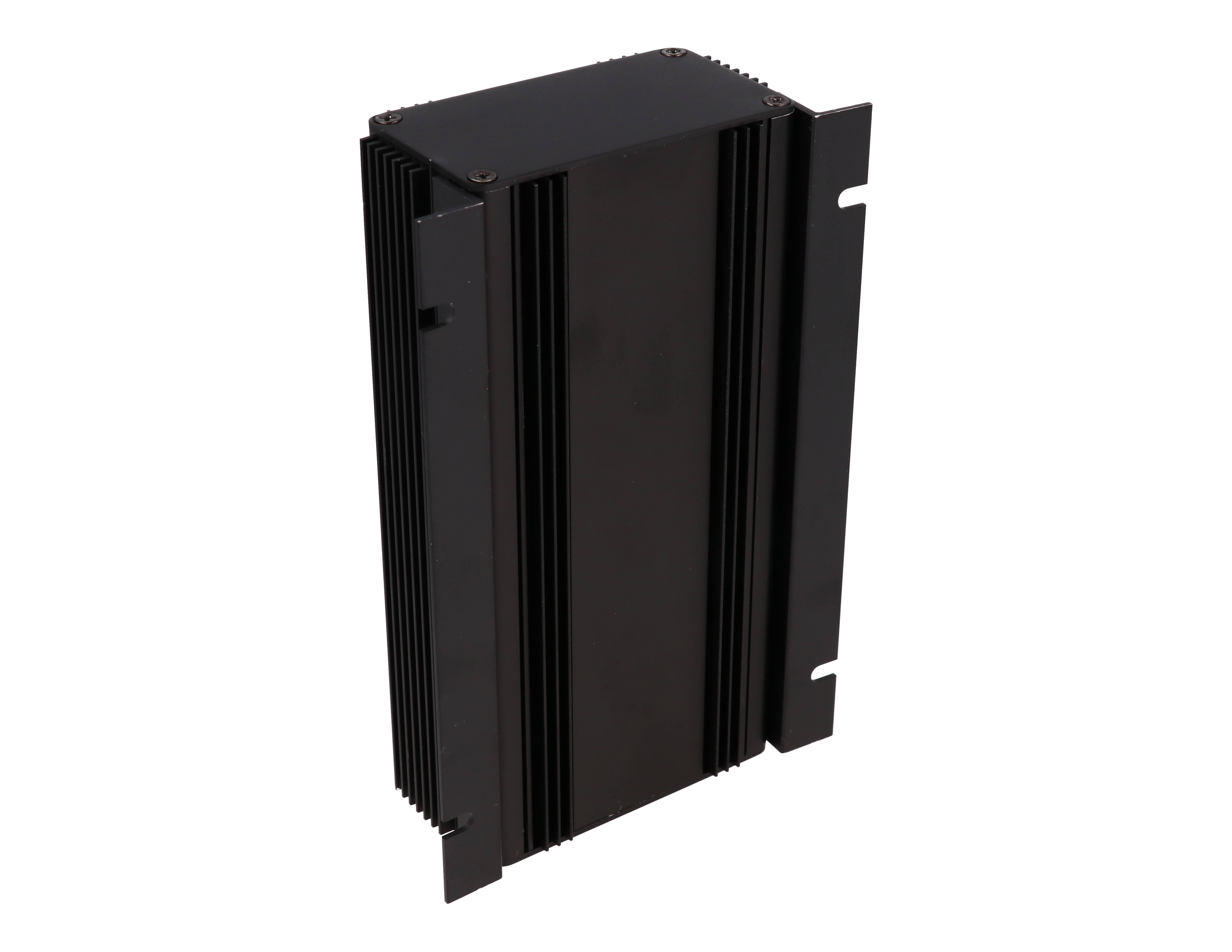 1455KHD1601BK black anodized finned heat dissipating extruded aluminum enclosure, 160 x 86 x 51 mm, with mounting flanges