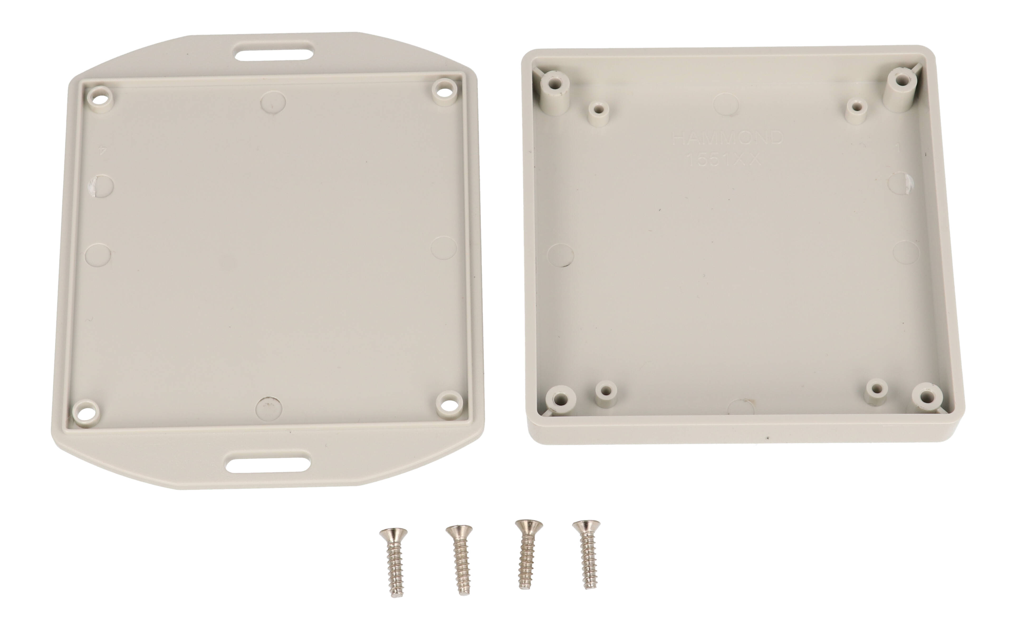 1551XXFLGY light grey ABS plastic miniature enclosure with flanged lid, 80 x 80 x 15 mm