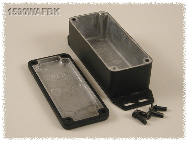 1590WAFBK textured black watertight diecast aluminum enclosure with flanged bottom plate