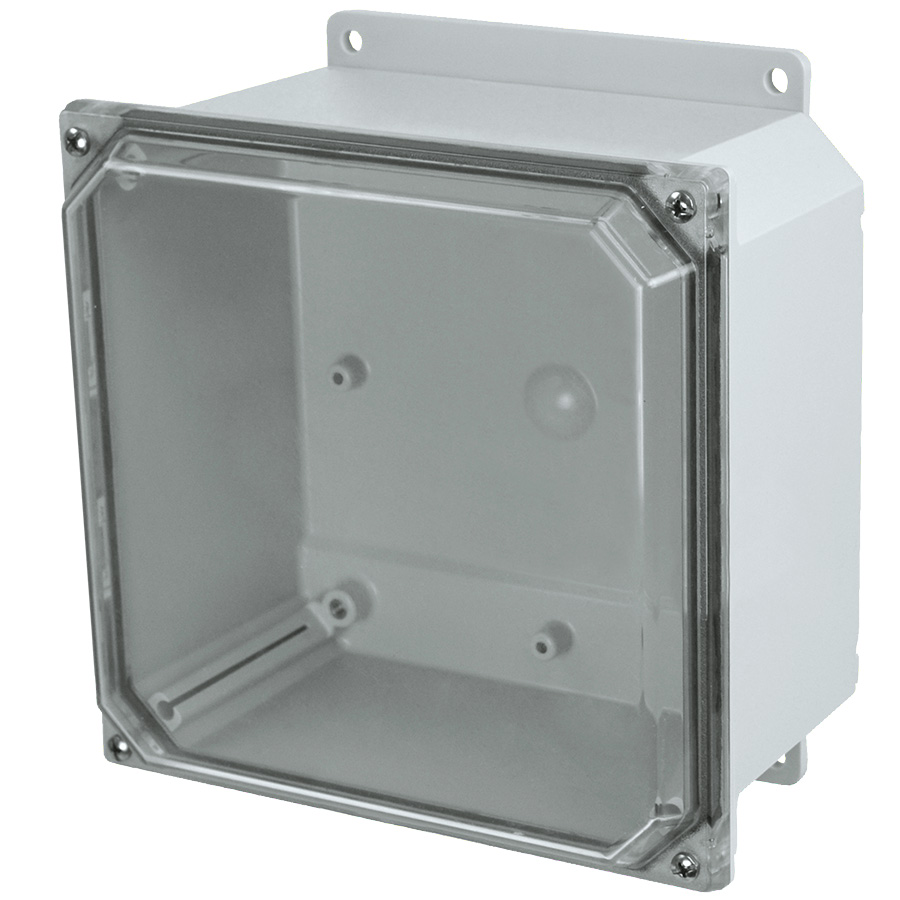 PCJ12104F 11.92 x 10.15 x 3.98 in Type 4X polycarbonate junction box with solid light gray lift-off cover and mounting flanges