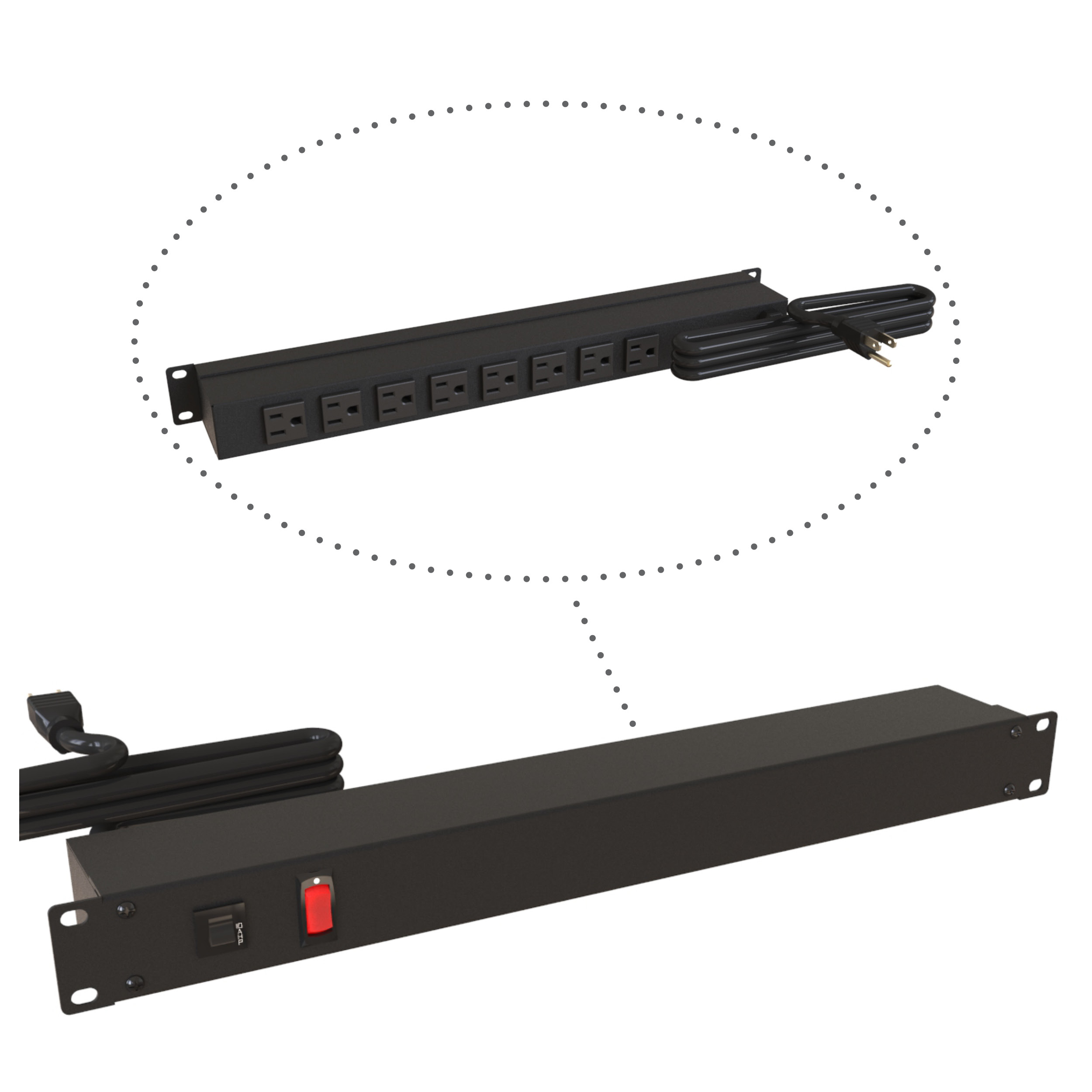 Hammond 1583H8A1BK 1U 19-inch black rack mount outlet strip with eight rear-facing 5-15R outlets, on/off rocker switch and 6 ft NEMA 5-15P cord