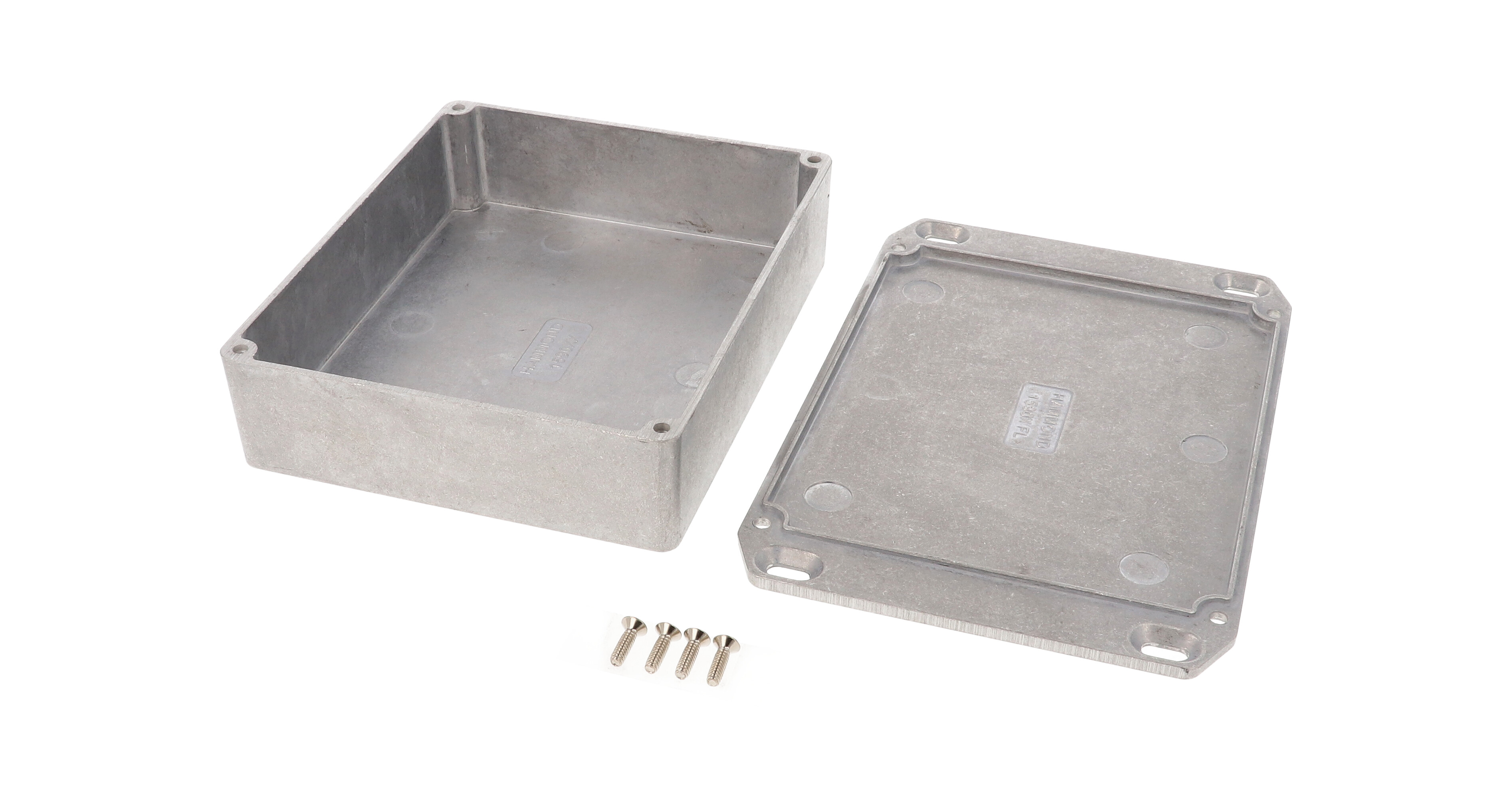 1590XXFL natural low-profile diecast aluminum enclosure with flanged mounting lid