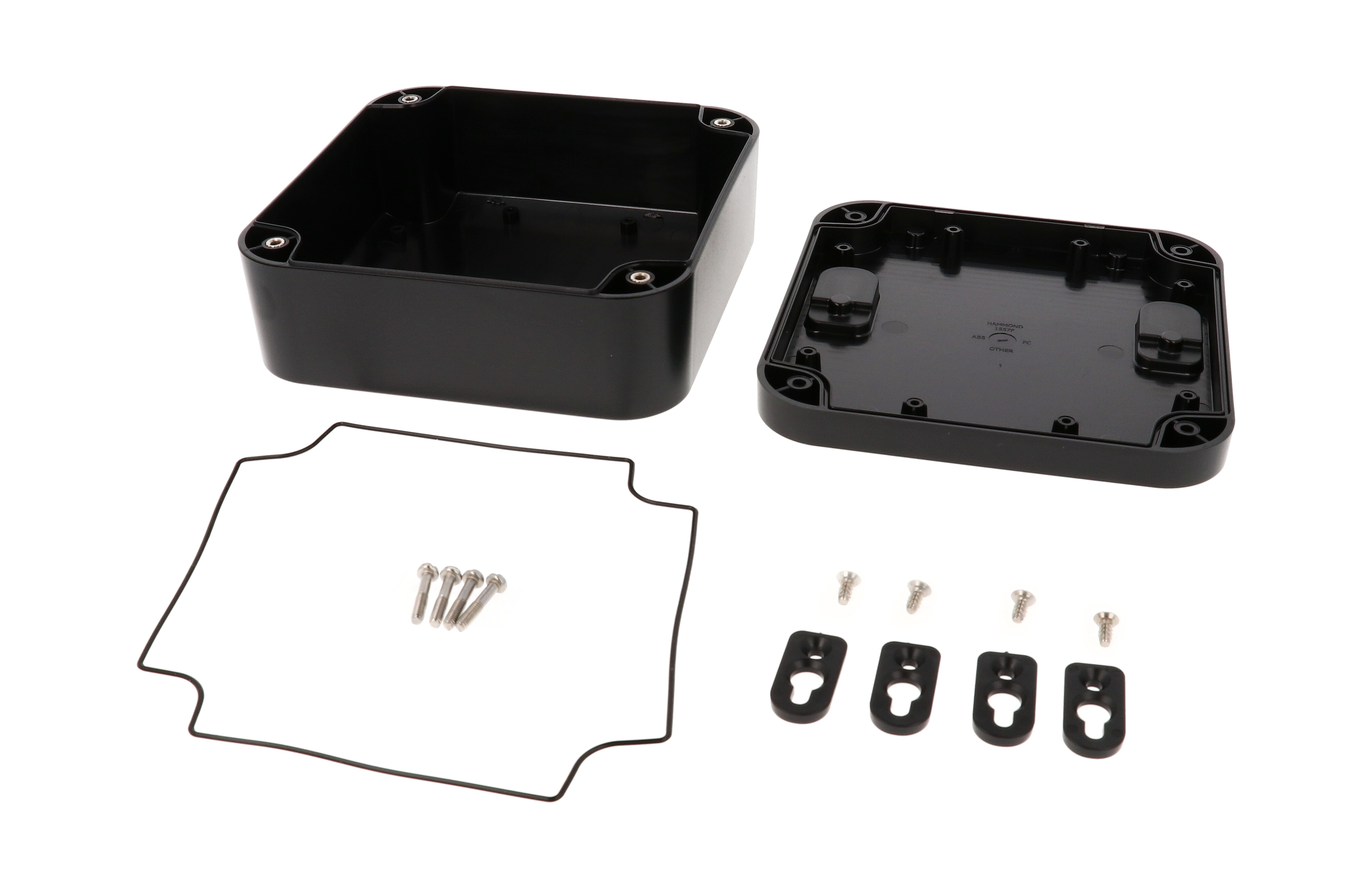1557FABK black ABS plastic watertight enclosure, 160 x 160 x 70 mm, with screw-secured lid