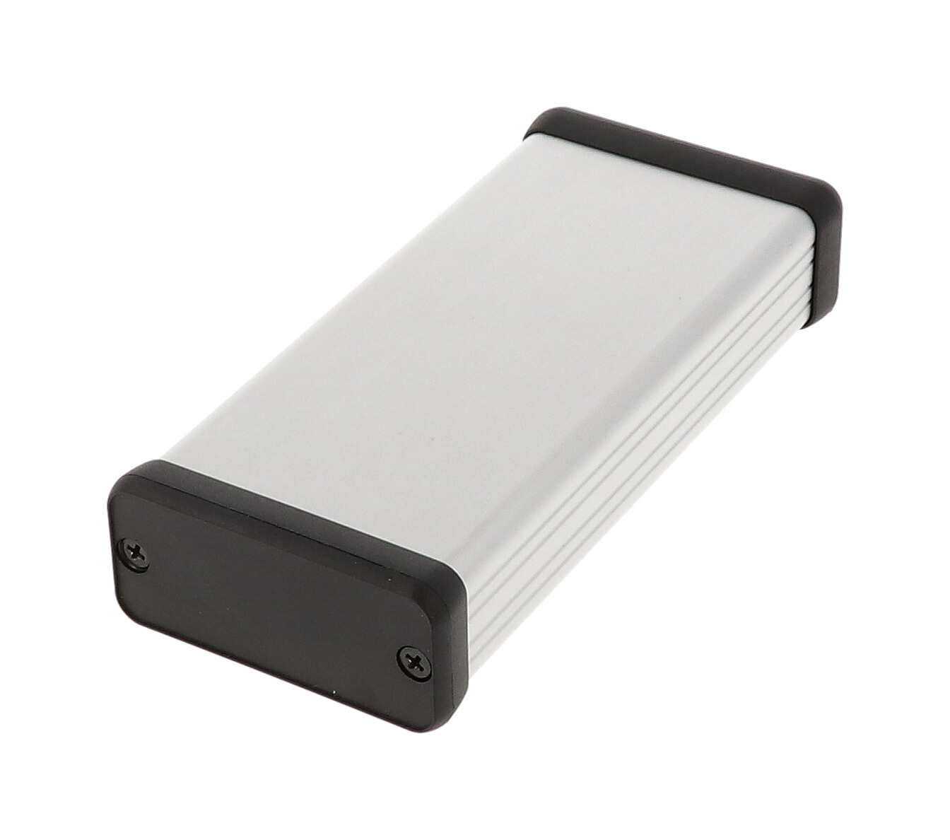 1455C1202 clear anodized extruded aluminum enclosure, 120 x 54 x 23 mm, with black plastic end panels
