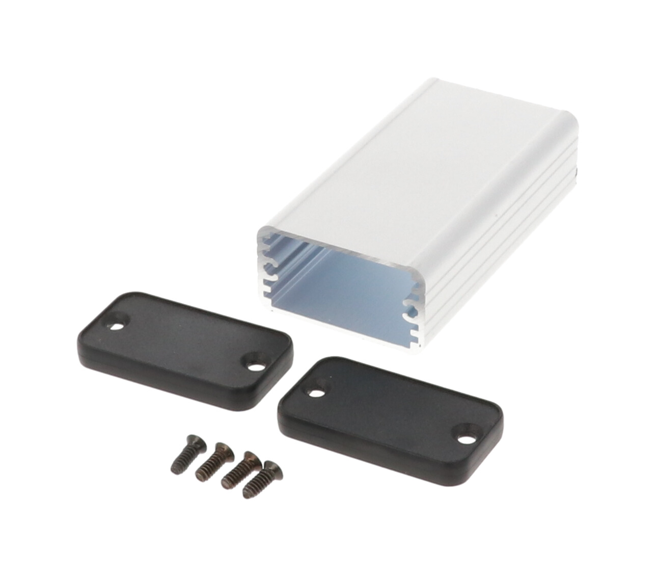 1455D802 clear anodized extruded aluminum enclosure, 80 x 45 x 25 mm, with closed black plastic end panels