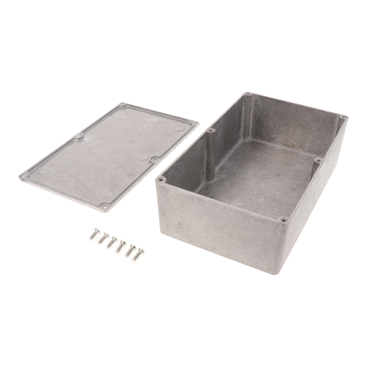 1590DE natural unpainted diecast aluminum enclosure, 200 x 120 x 64 mm, with lid and cover screws