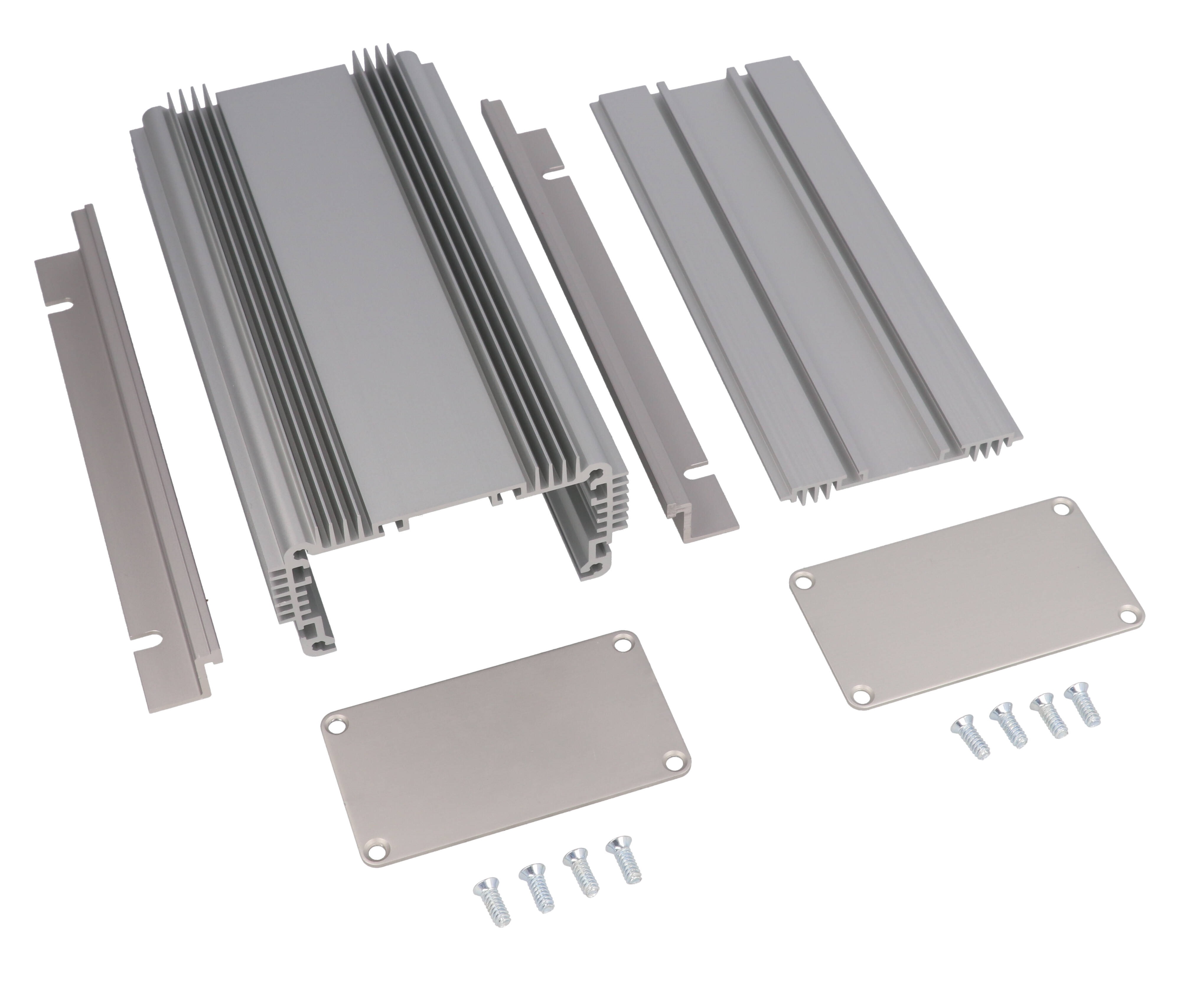 1455KHD1601 clear anodized finned heat dissipating extruded aluminum enclosure, 160 x 86 x 51 mm, with mounting flanges