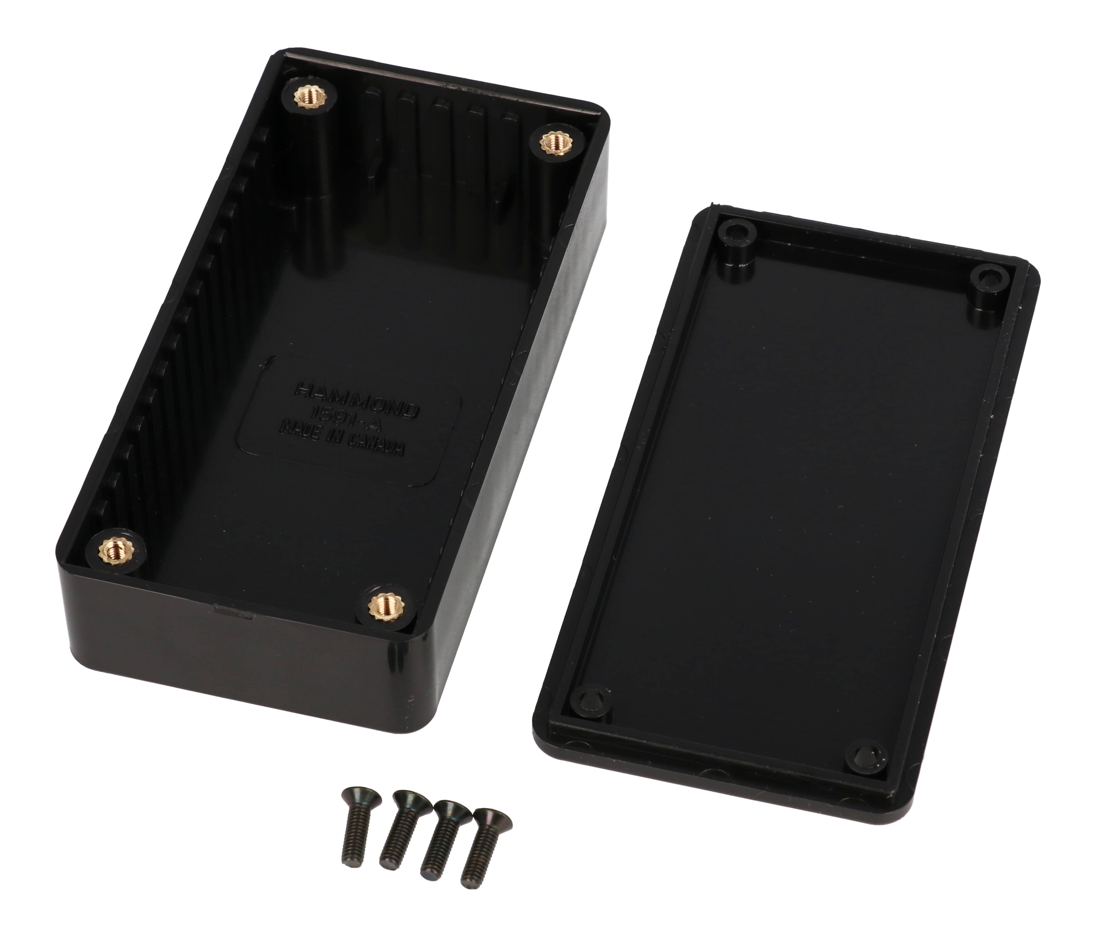 1591ABK black flame retardant ABS enclosure, 100 x 50 x 25 mm, with molded card guides and screw lid