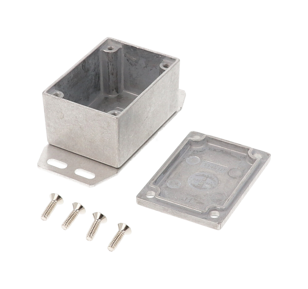 1590HF small natural diecast aluminum enclosure with flanged bottom plate, 53 x 38 x 31 mm