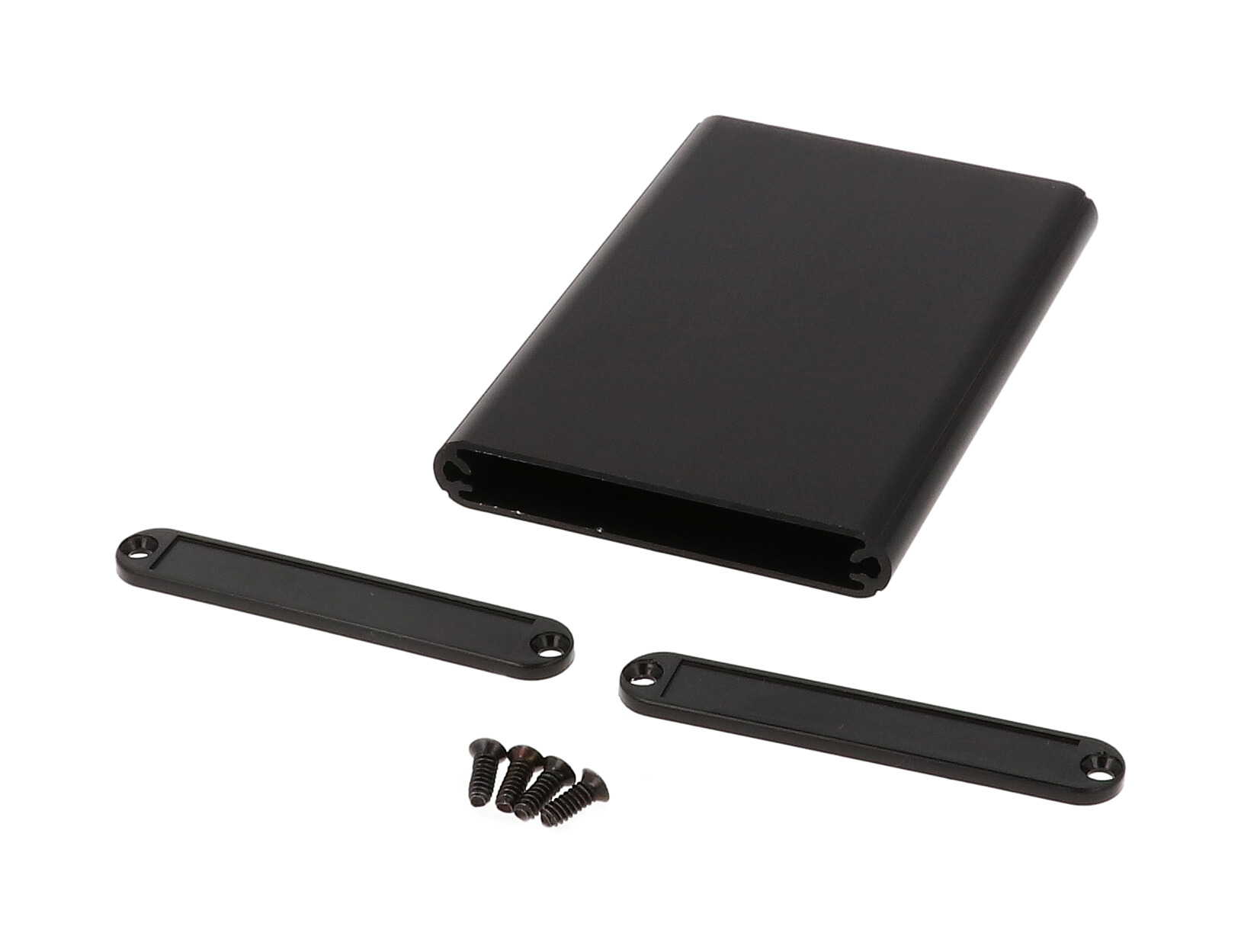 1455A1002BK black anodized extruded aluminum PC board enclosure, 100 x 70 x 12 mm, with black plastic end panels