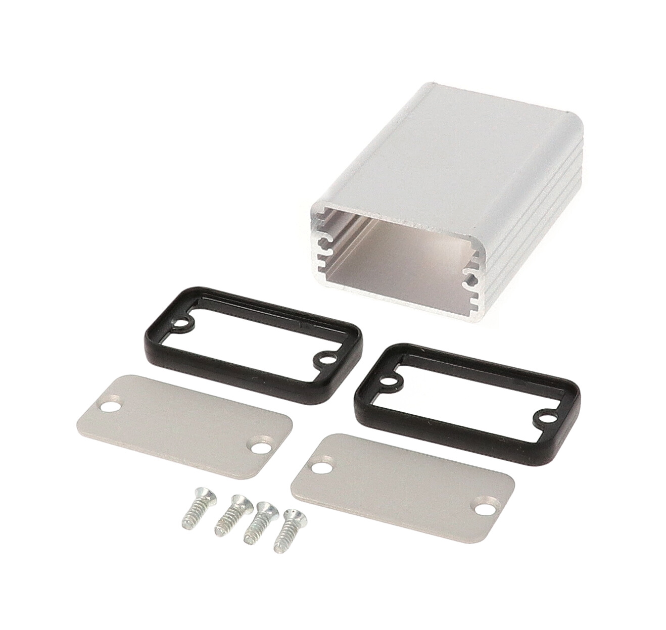 1455D601 clear anodized extruded aluminum enclosure, 60 x 45 x 25 mm, with aluminum end panels and black open bezels