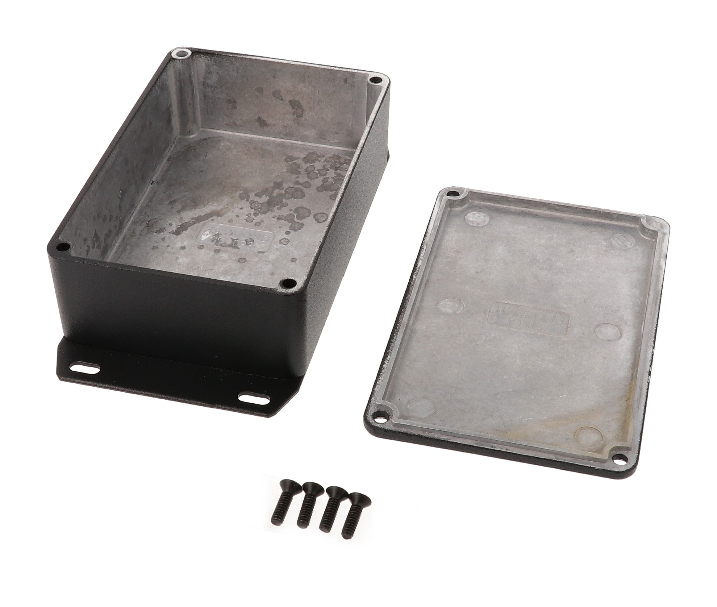 1590B3FBK textured black diecast aluminum enclosure with flanged bottom plate