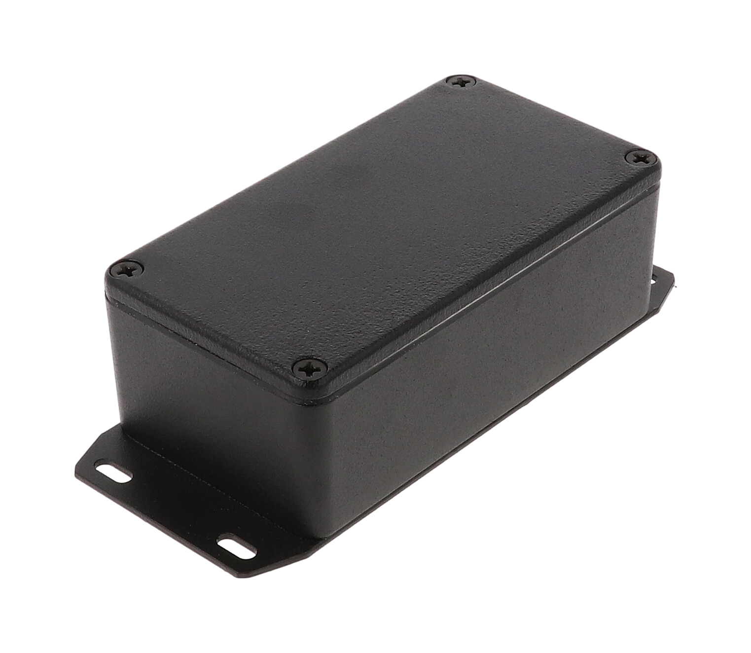 1590WB2FBK black textured IP65 watertight diecast enclosure, 112 x 61 x 38 mm, welded flanged bottom plate