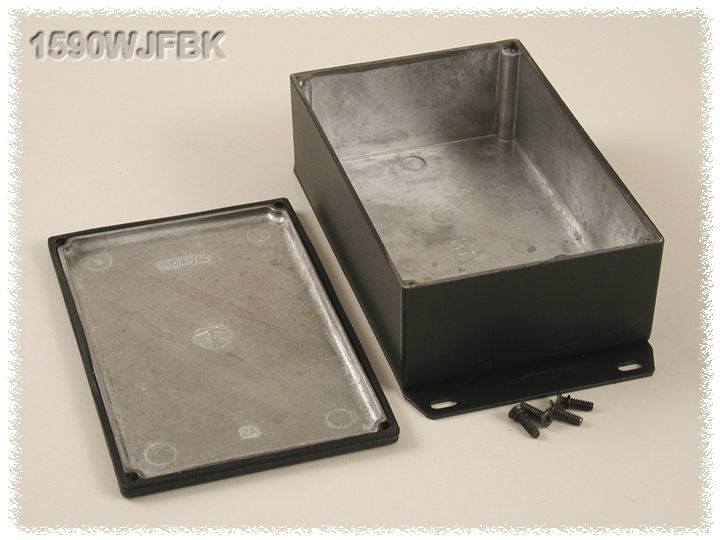 1590WJFBK black textured IP65 watertight diecast enclosure, 145 x 95 x 49 mm, with flanged bottom plate