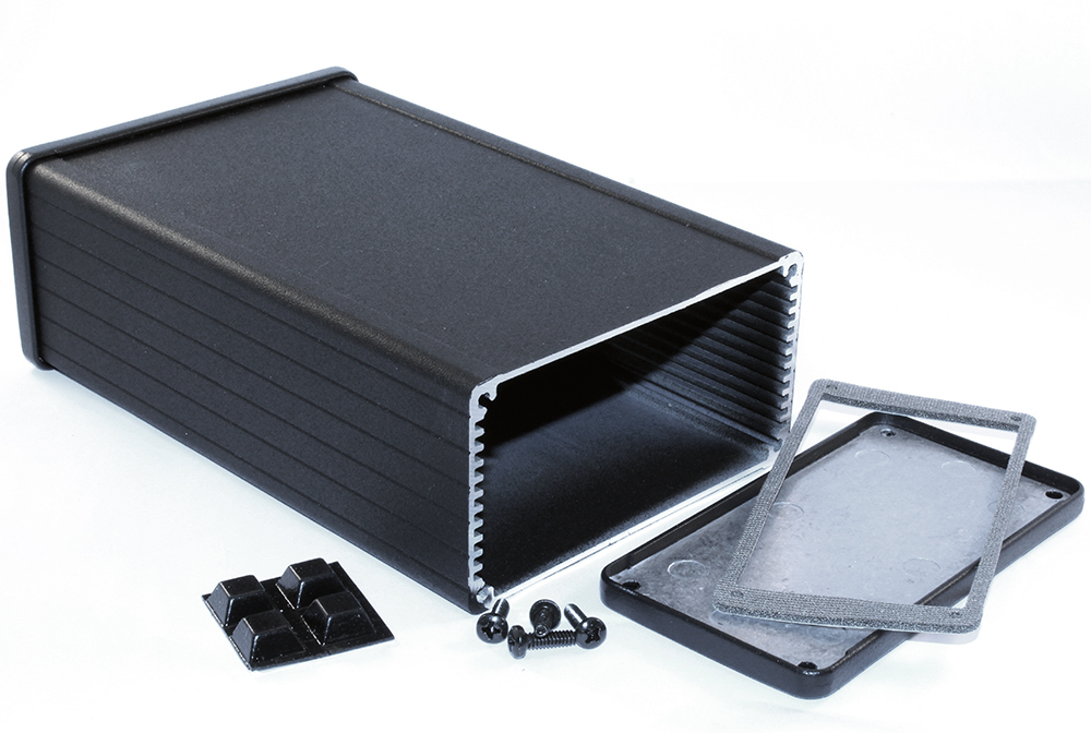 1457N1601EBK — black EMI/RFI shielded extruded aluminum enclosure 6.30x4.09x2.15